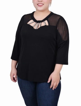 Modern Polo Plus Size 3/4 Sleeve Top With Neckline Cutouts and Stones