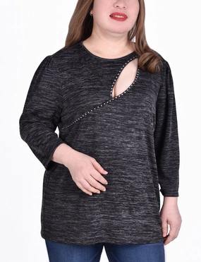Plus Size 3/4 Sleeve Tunic Top With Front Cutout MoistureWicking Biodegradable Fiber Blend