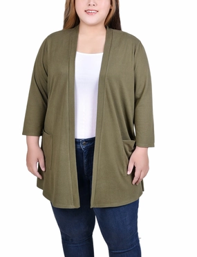 LatticeKnit Hydrophobic Threadwork Plus Size 3/4 Sleeve Two Pocket Cardigan