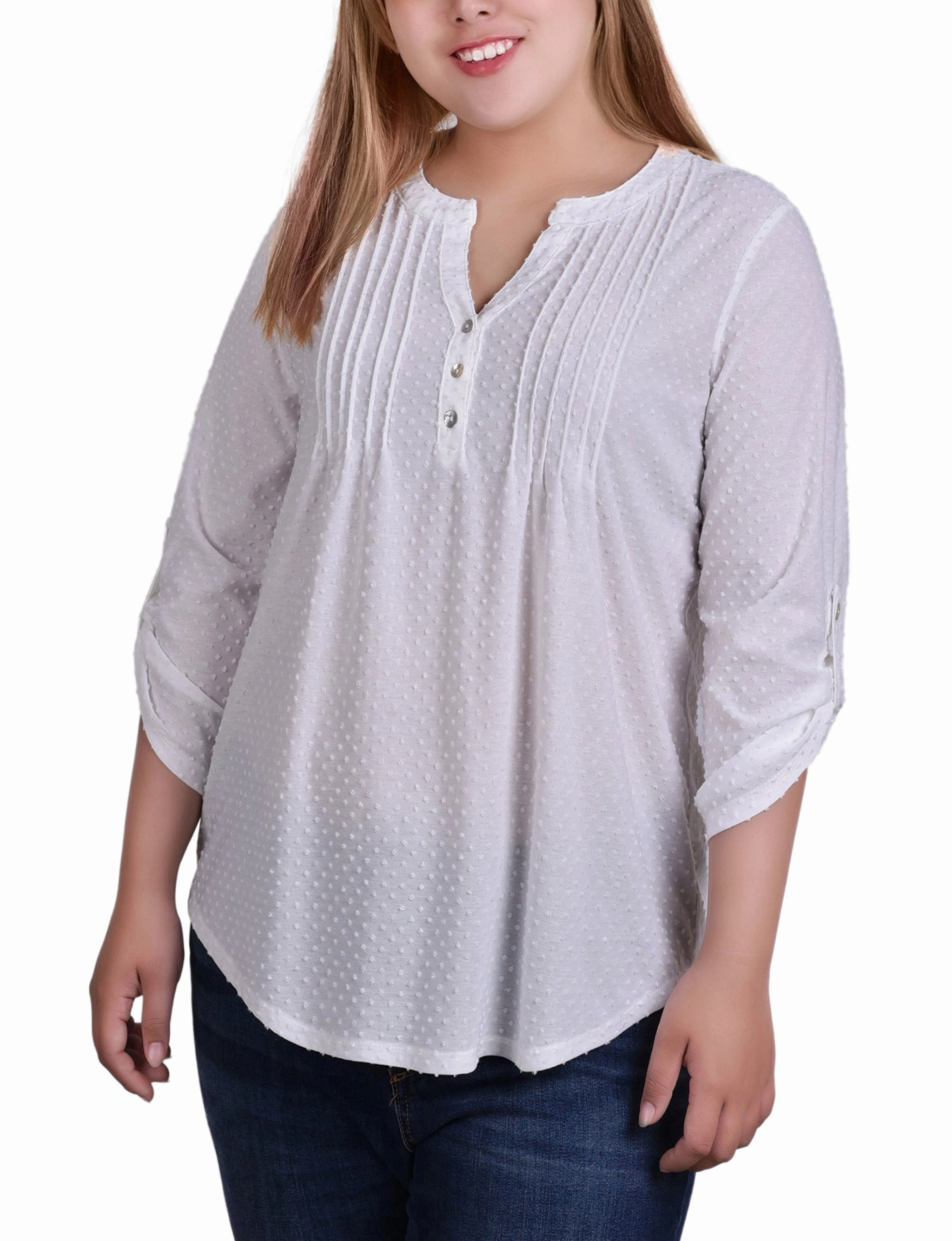 Plus Size 3/4 Tab Sleeve Y Neck Top Contrast Stitch