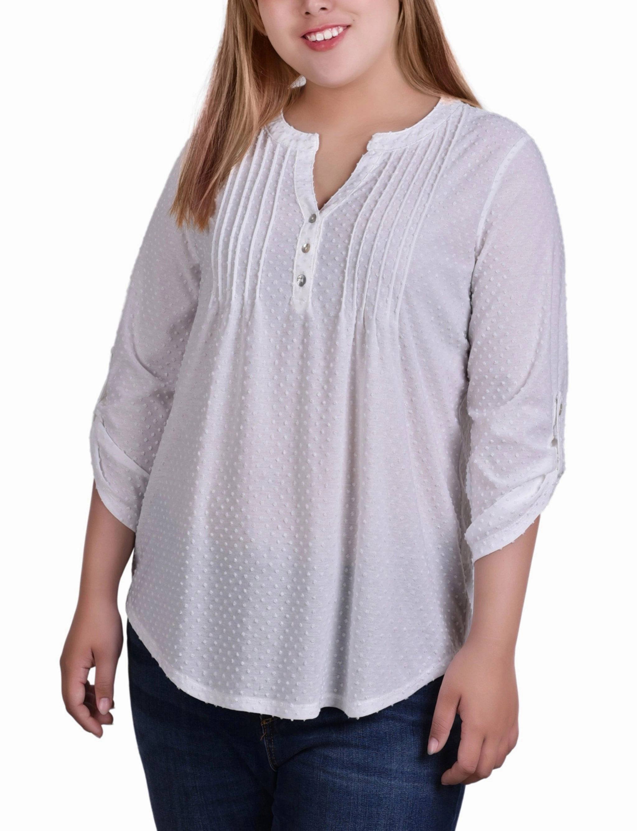 BondedEdges Layered Neckline Details Plus Size 3/4 Tab Sleeve Y Neck Top