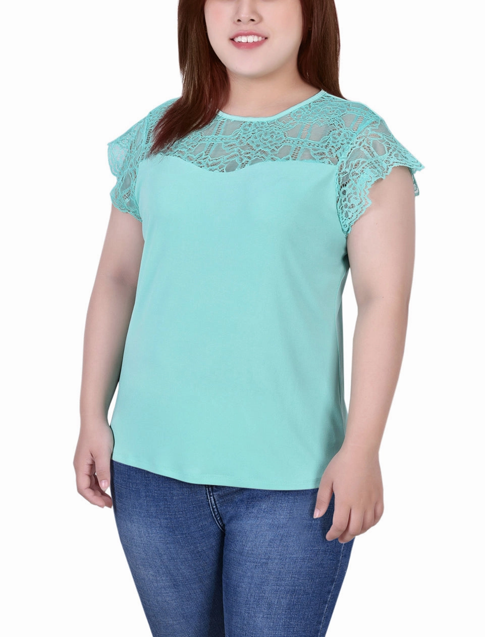 Plus Size Crepe Knit Top With Lace Flanged Sleeve and Yoke DoubleStitchedSeams