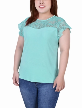 Recycled Material Blend TaglessCollars Plus Size Crepe Knit Top With Lace Flanged Sleeve and Yoke