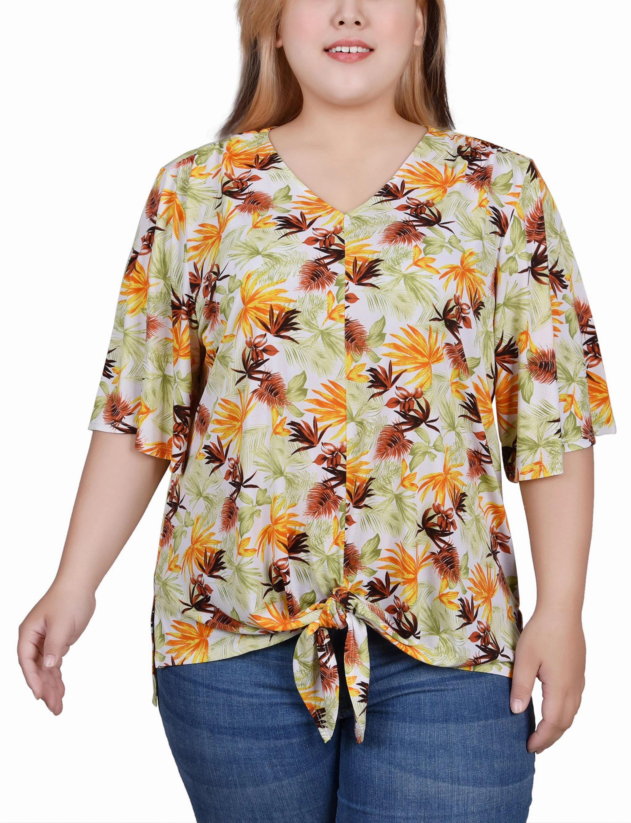 Plus Size Elbow Sleeve Tie-Front Top Layered Neckline VentilatedBack