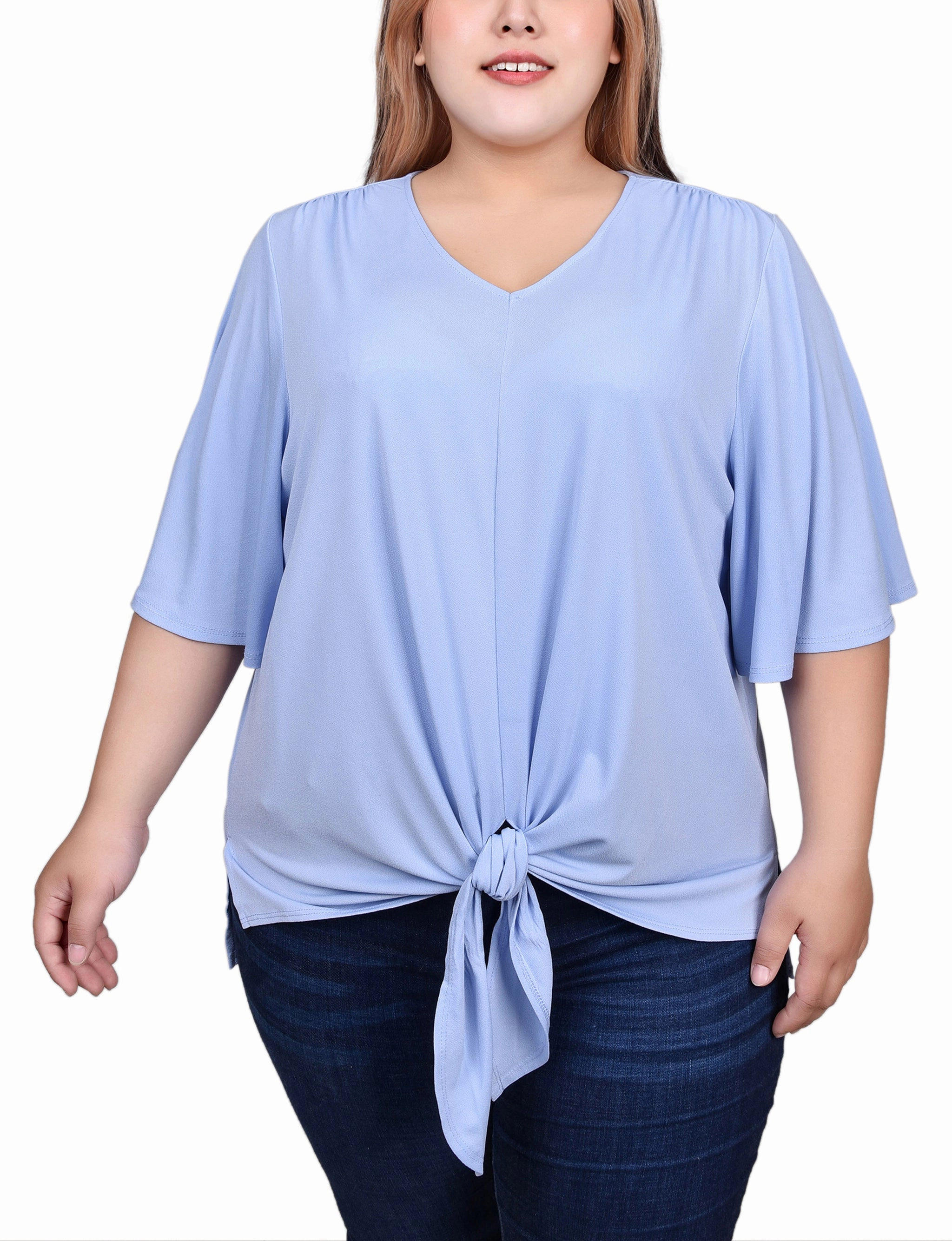 Cool Weather Reflective Trims Plus Size Elbow Sleeve Tie-Front Top