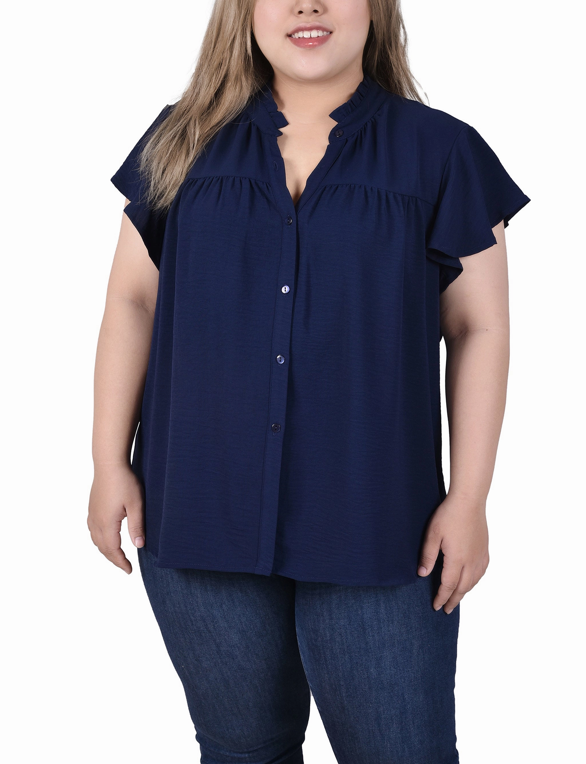 Interlock Stitching Plus Size Flutter Sleeve Ruffle Neck Blouse