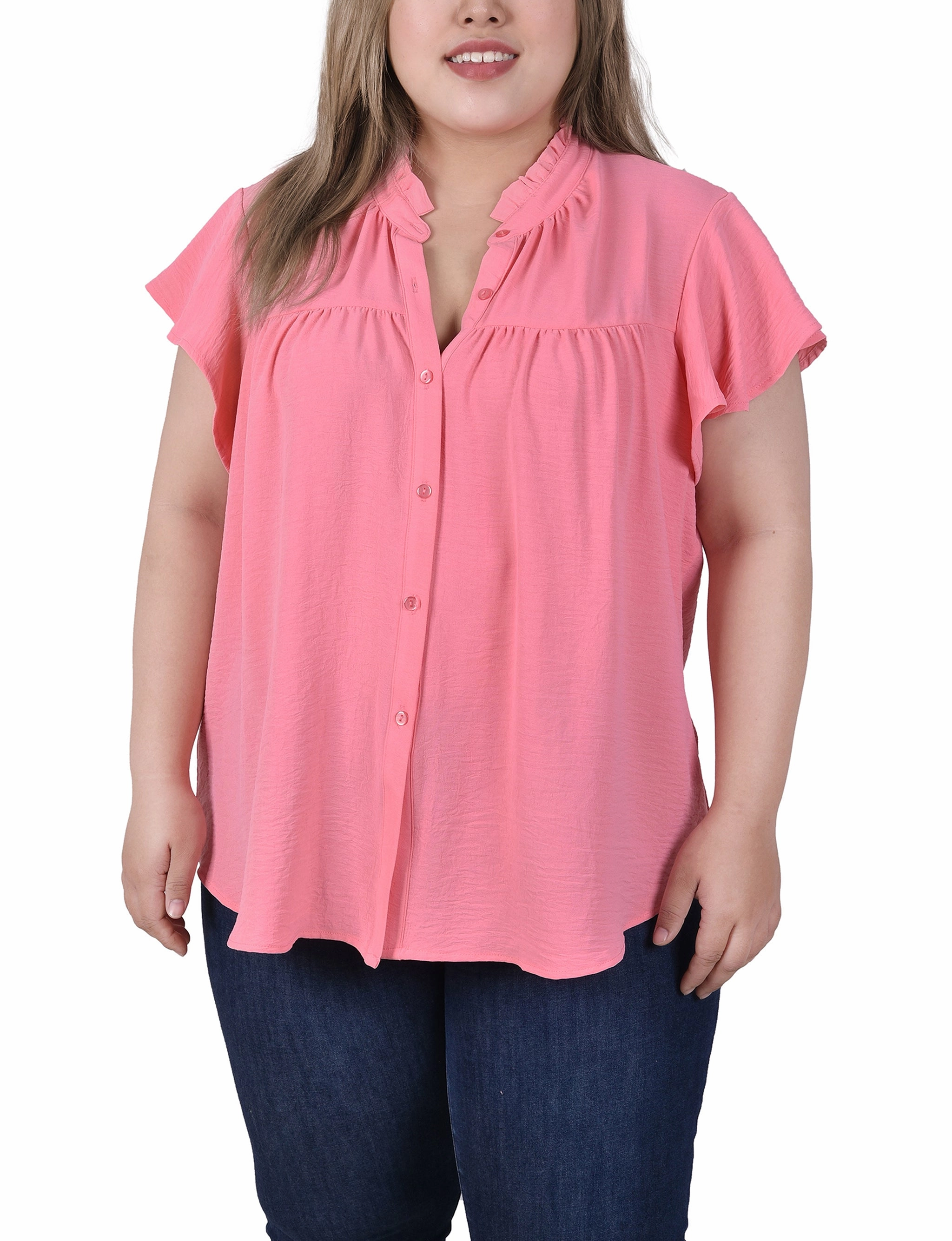 Plus Size Flutter Sleeve Ruffle Neck Blouse TaglessCollar DurableWeave