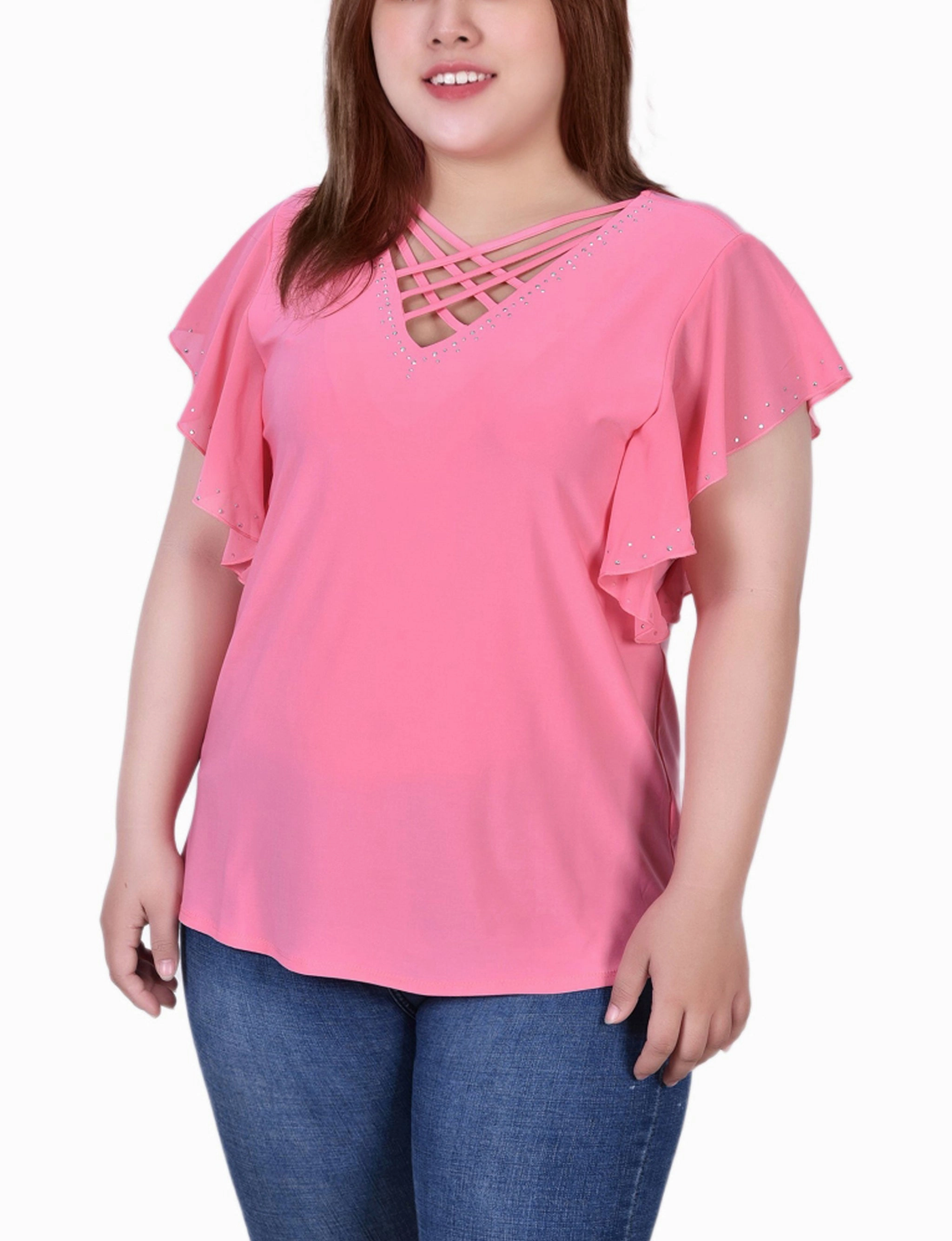 Plus Size Flutter Sleeve Top With Criss Cross Strips Recycled Polyester
