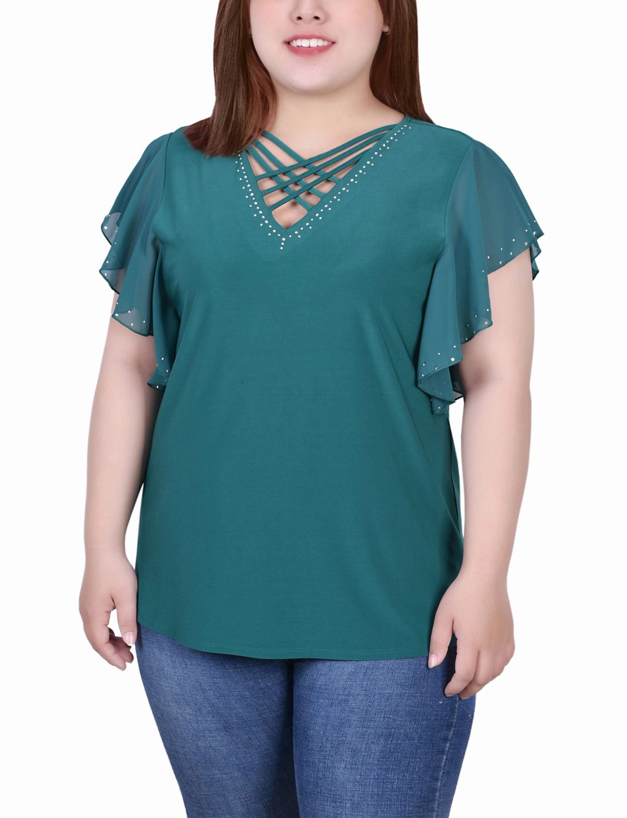 Plus Size Flutter Sleeve Top With Criss Cross Strips Tear Resistant Reinforcement HypoallergenicMaterial