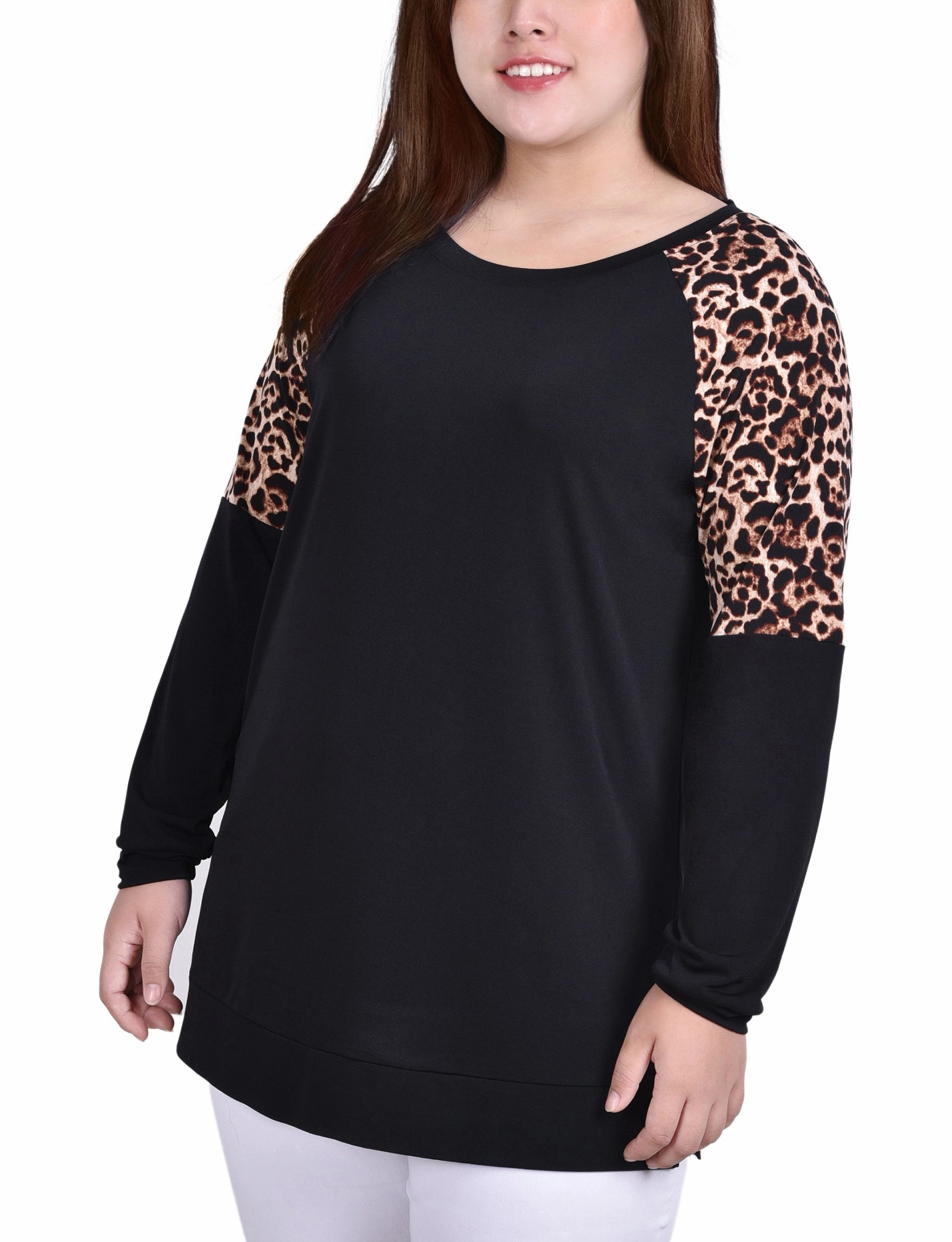 Brushed Inner Layer Plus Size Long Raglan Sleeve Top With Animal Print Insets