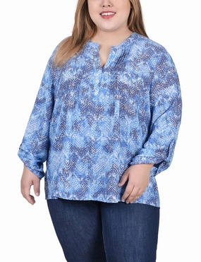 VentilatedMeshPaneling Plus Size Long Roll Tab Sleeve Pintuck Front Blouse