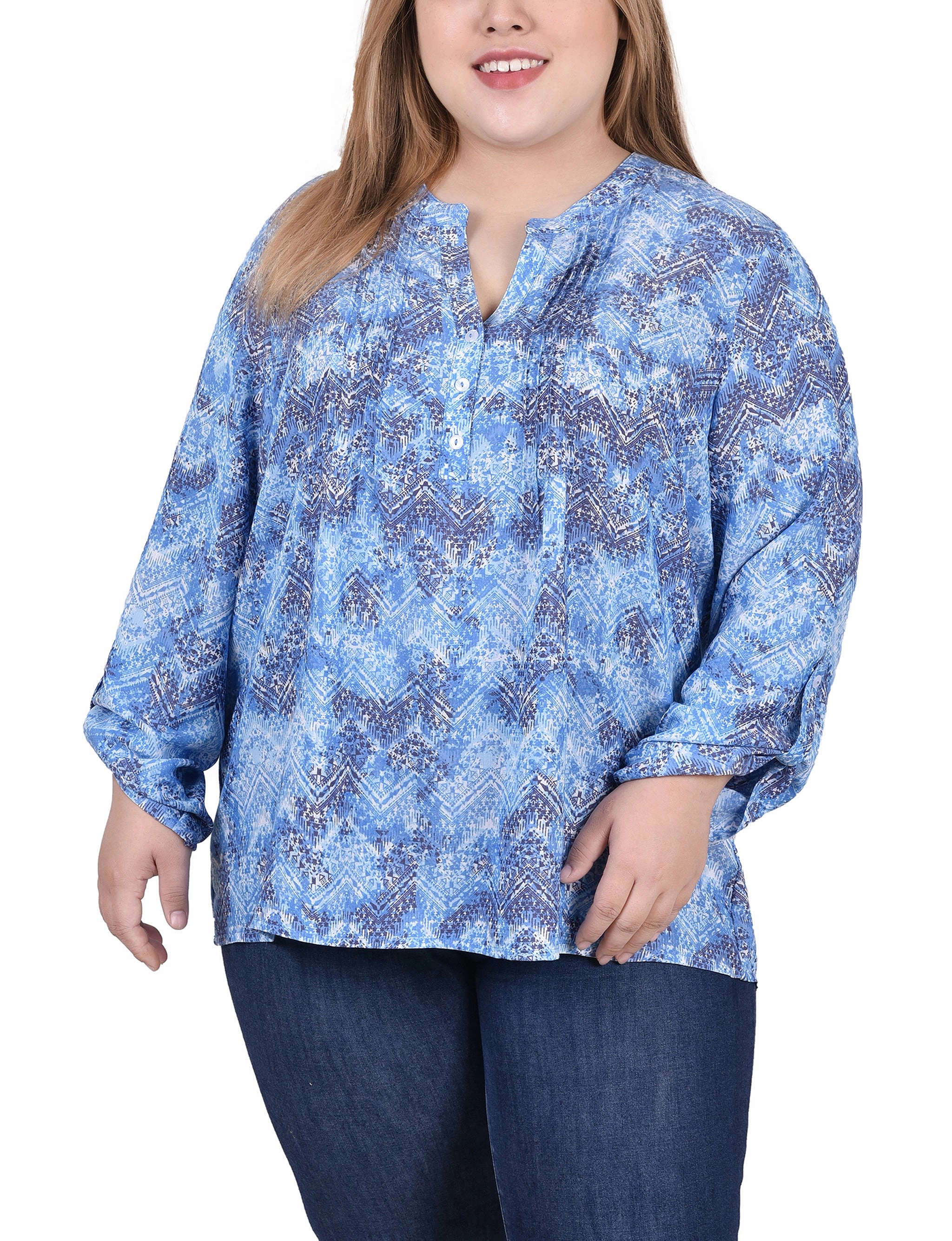 Plus Size Long Roll Tab Sleeve Pintuck Front Blouse Moisture Control Technology