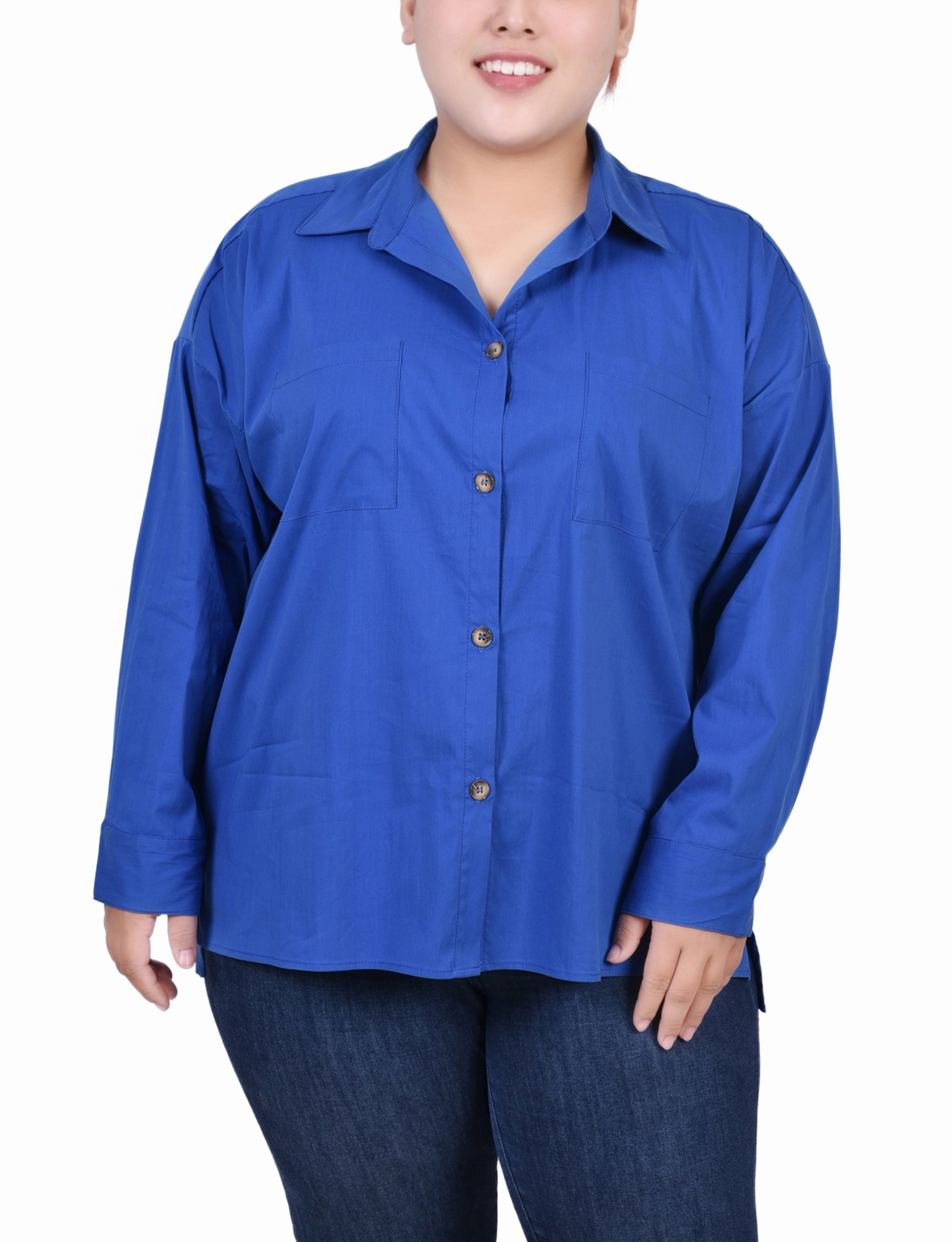 Plus Size Long Sleeve Blouse With Chest Pockets Contoured Armhole Design Timeless Cut