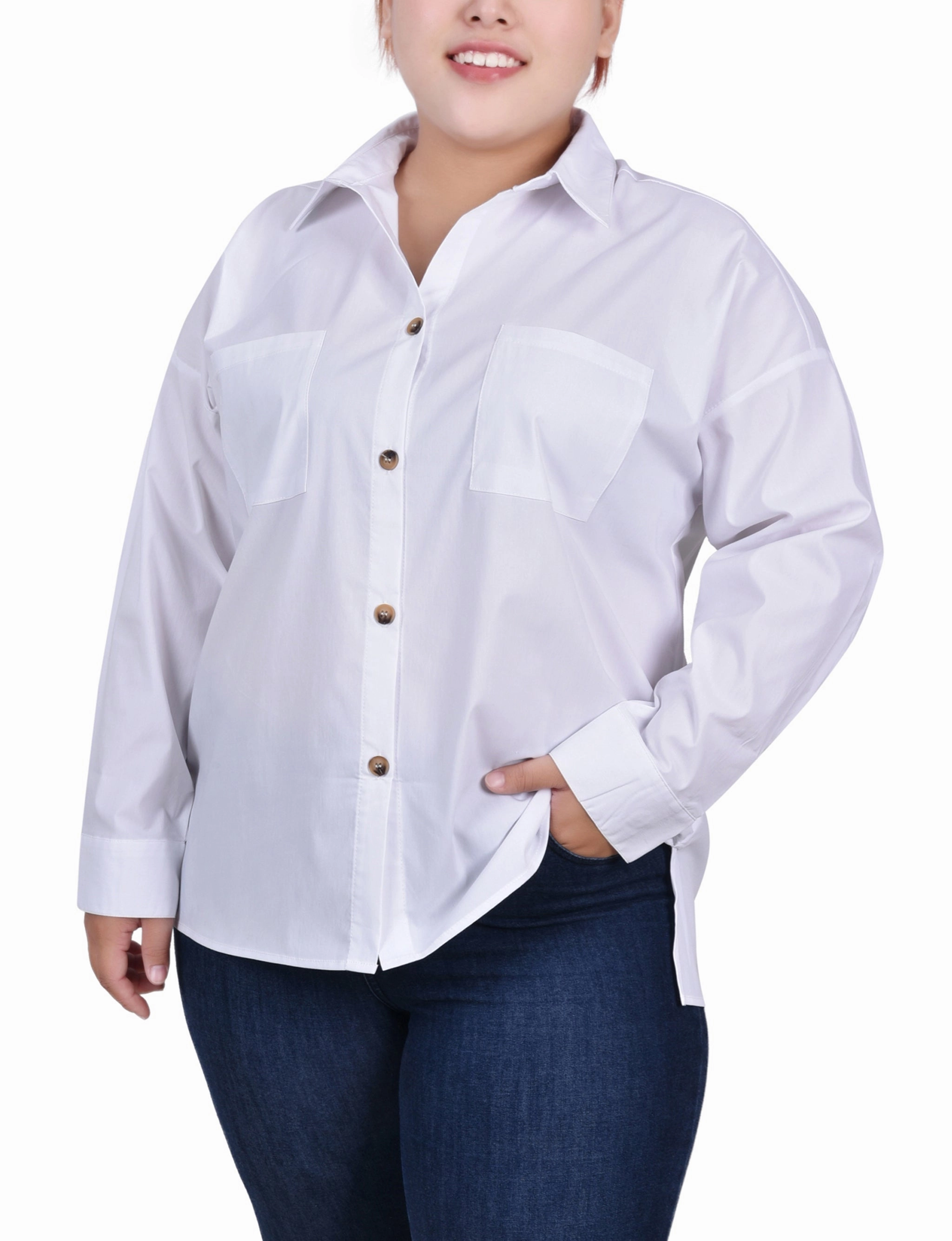 Sustainable Textile Soft Touch Blend Plus Size Long Sleeve Blouse With Chest Pockets