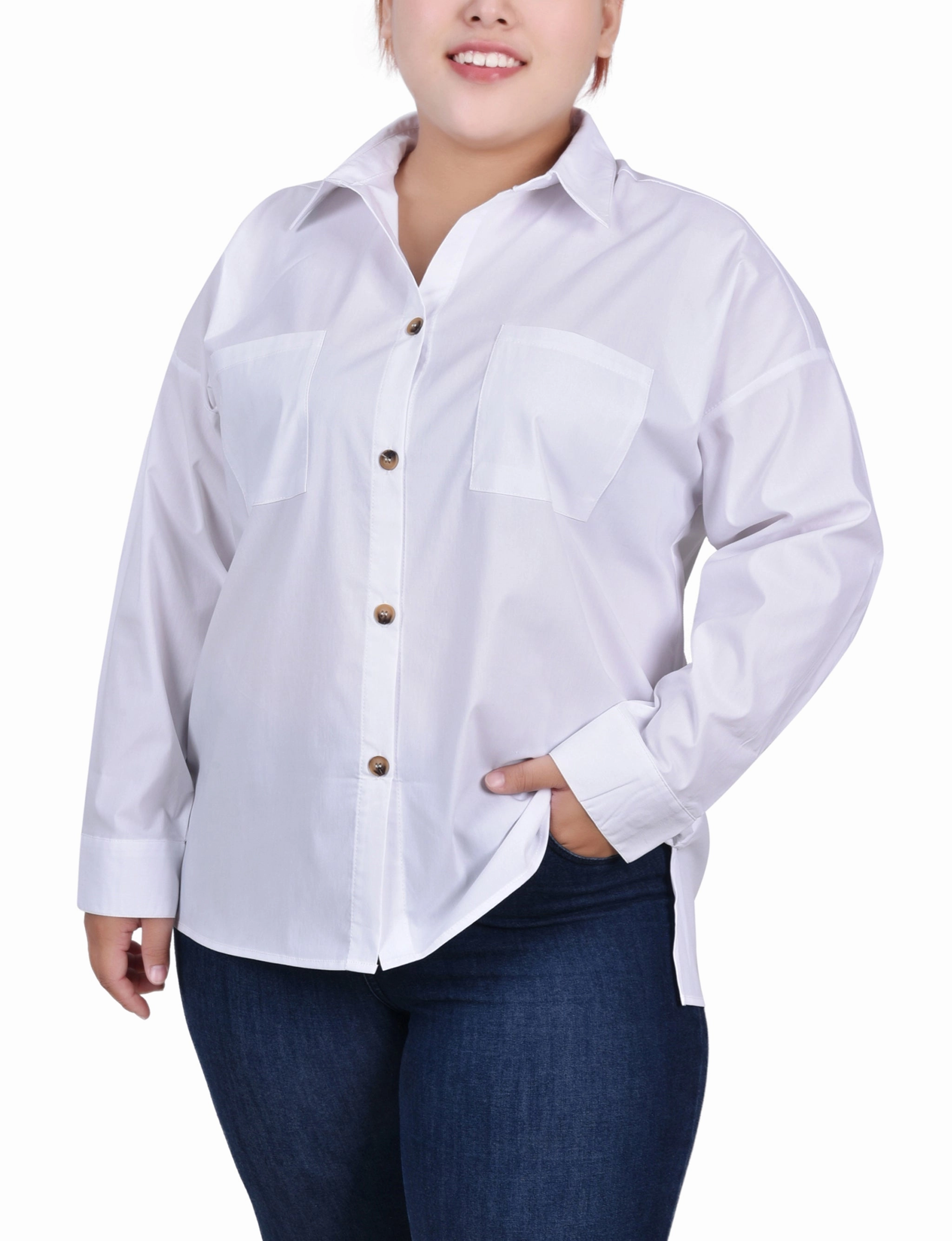 Plus Size Long Sleeve Blouse With Chest Pockets OdorResistant Technology