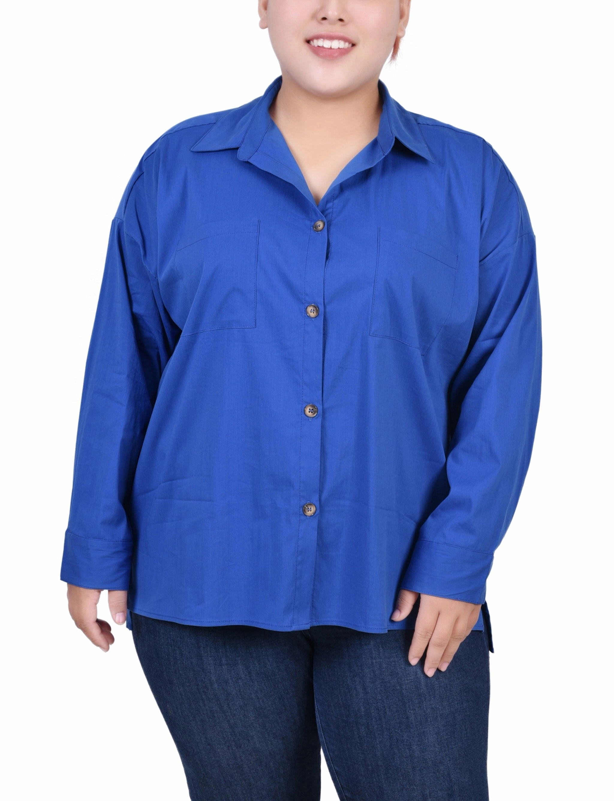 Plus Size Long Sleeve Blouse With Chest Pockets FrayResistant Fabric