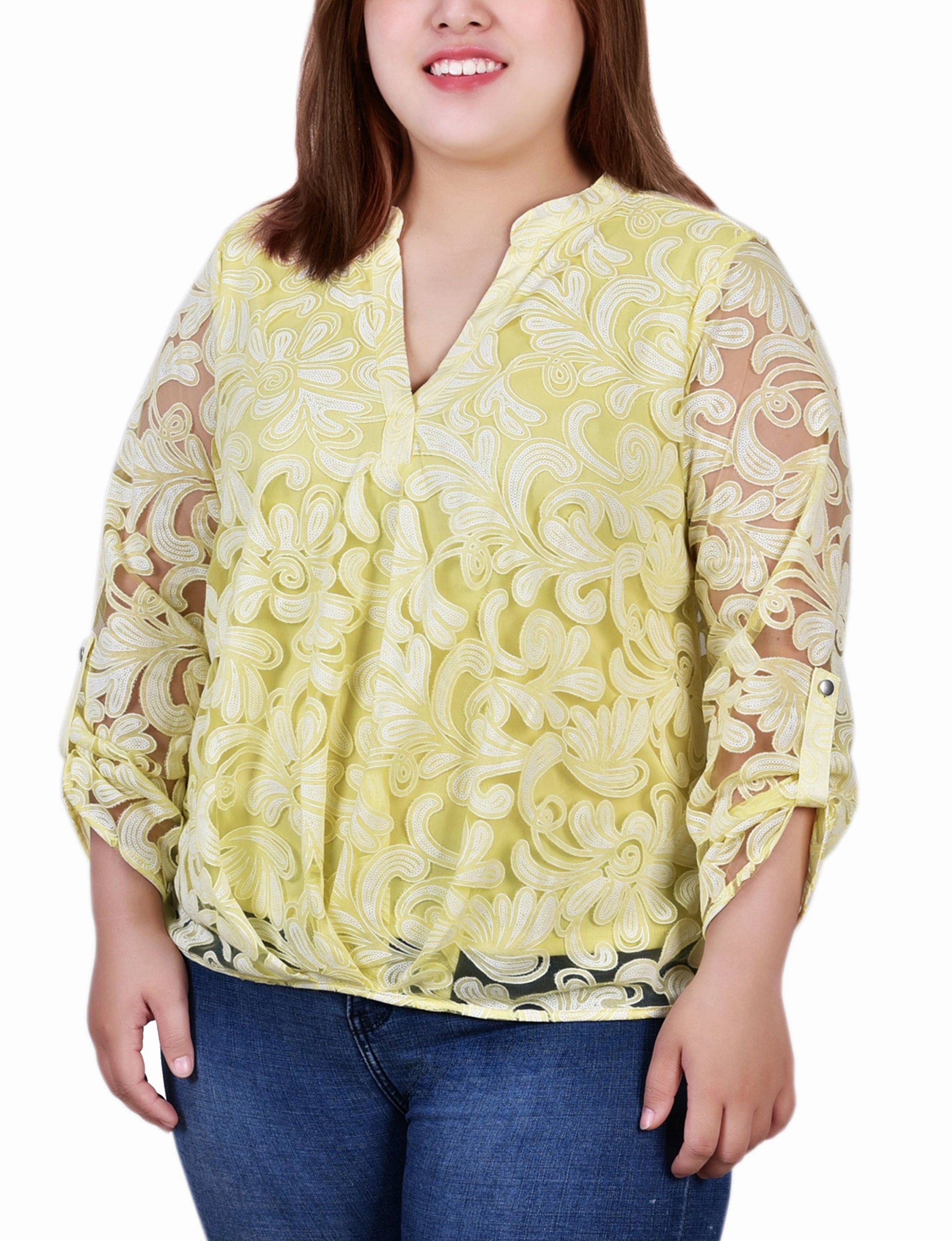 Plus Size Long Sleeve Burnout Y Neck Blouse NonIrritating Stitching
