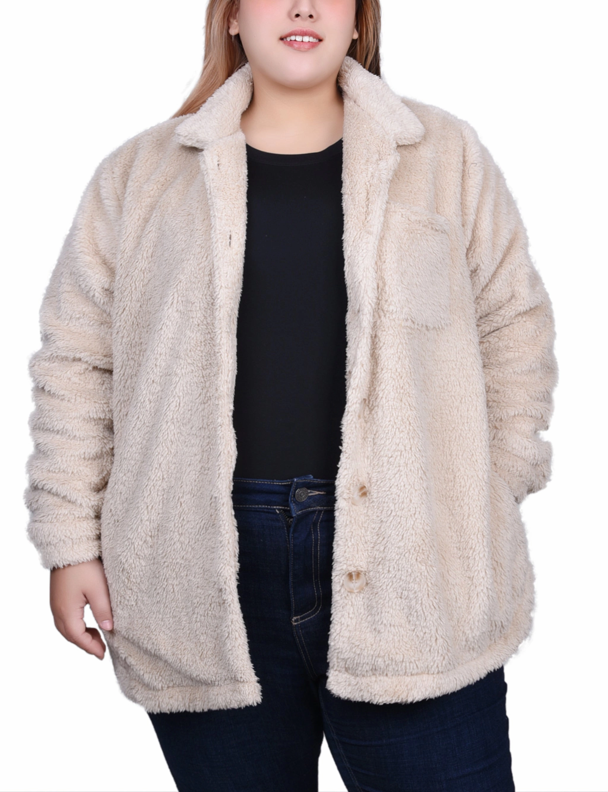 Plus Size Long Sleeve Button Front Sherpa Jacket QuickDrying