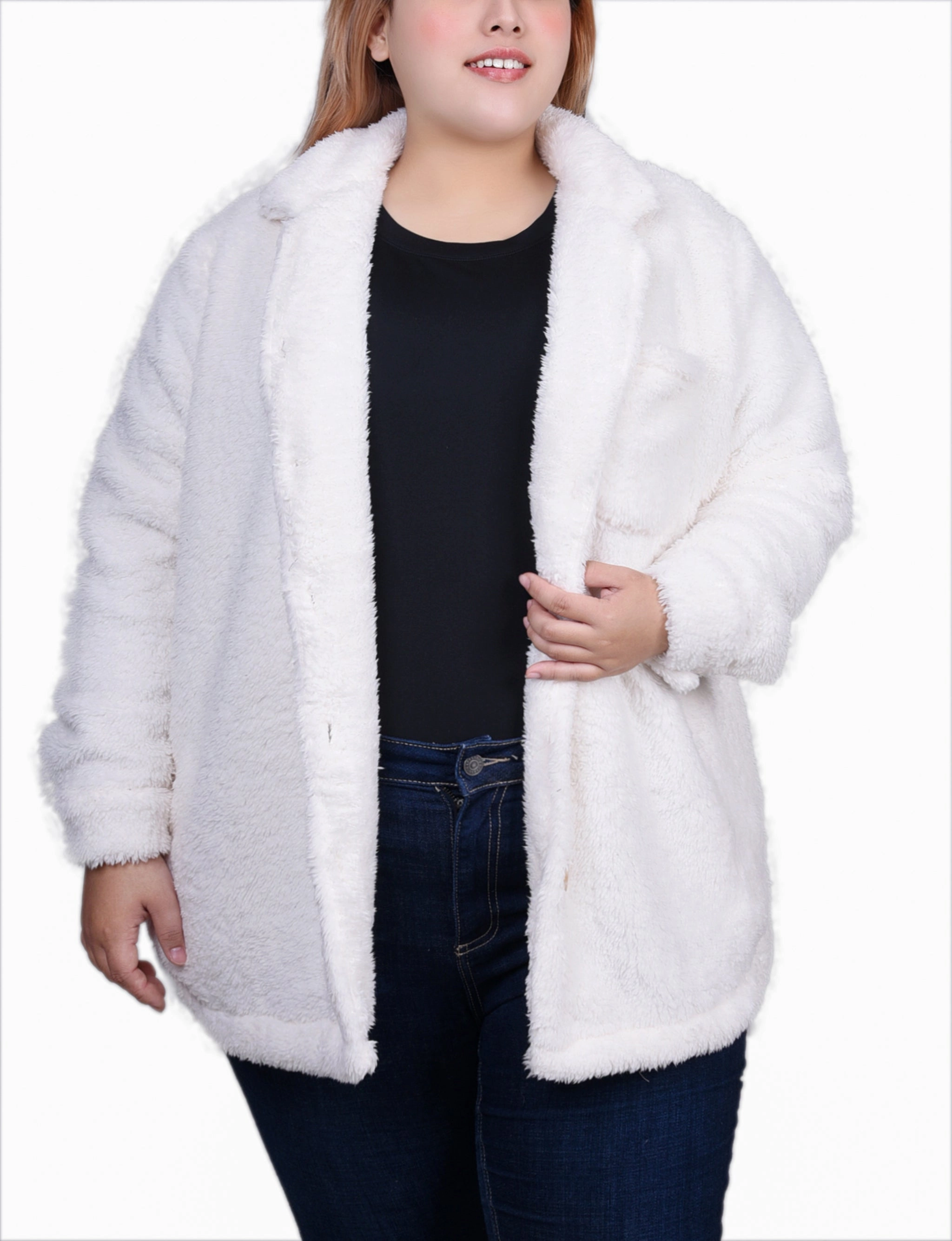 Plus Size Long Sleeve Button Front Sherpa Jacket AntiPillingTechnology Fashionable Look