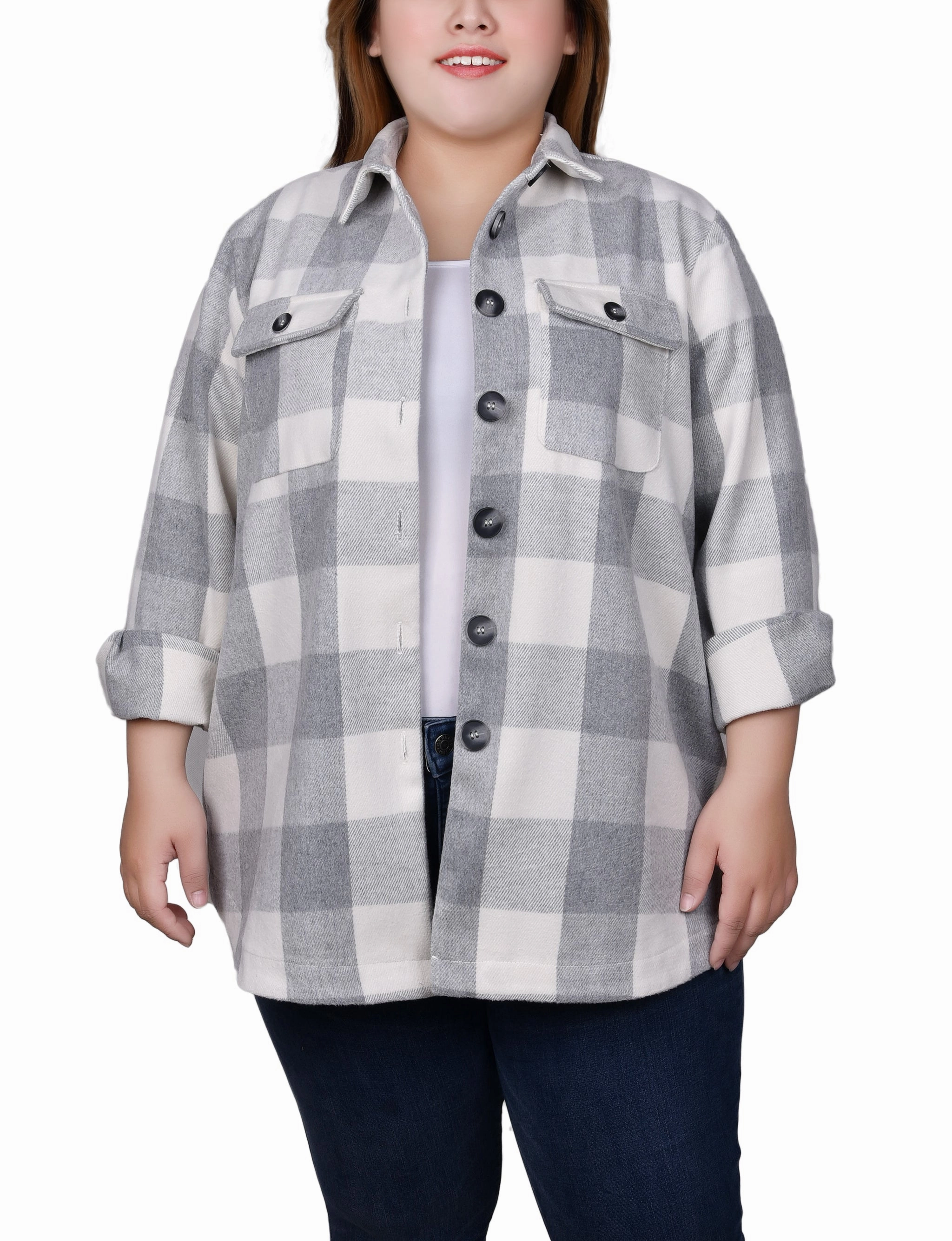 Plus Size Long Sleeve Calf-Length Twill Shirtjacket MinimalistStyle