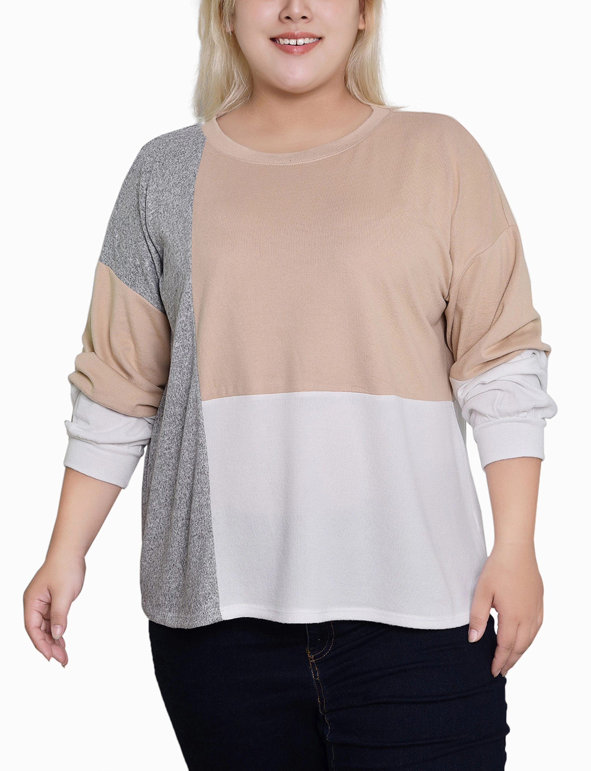 Plus Size Long Sleeve Colorblocked Top Sustainable Production Certified Buttery Soft Feel
