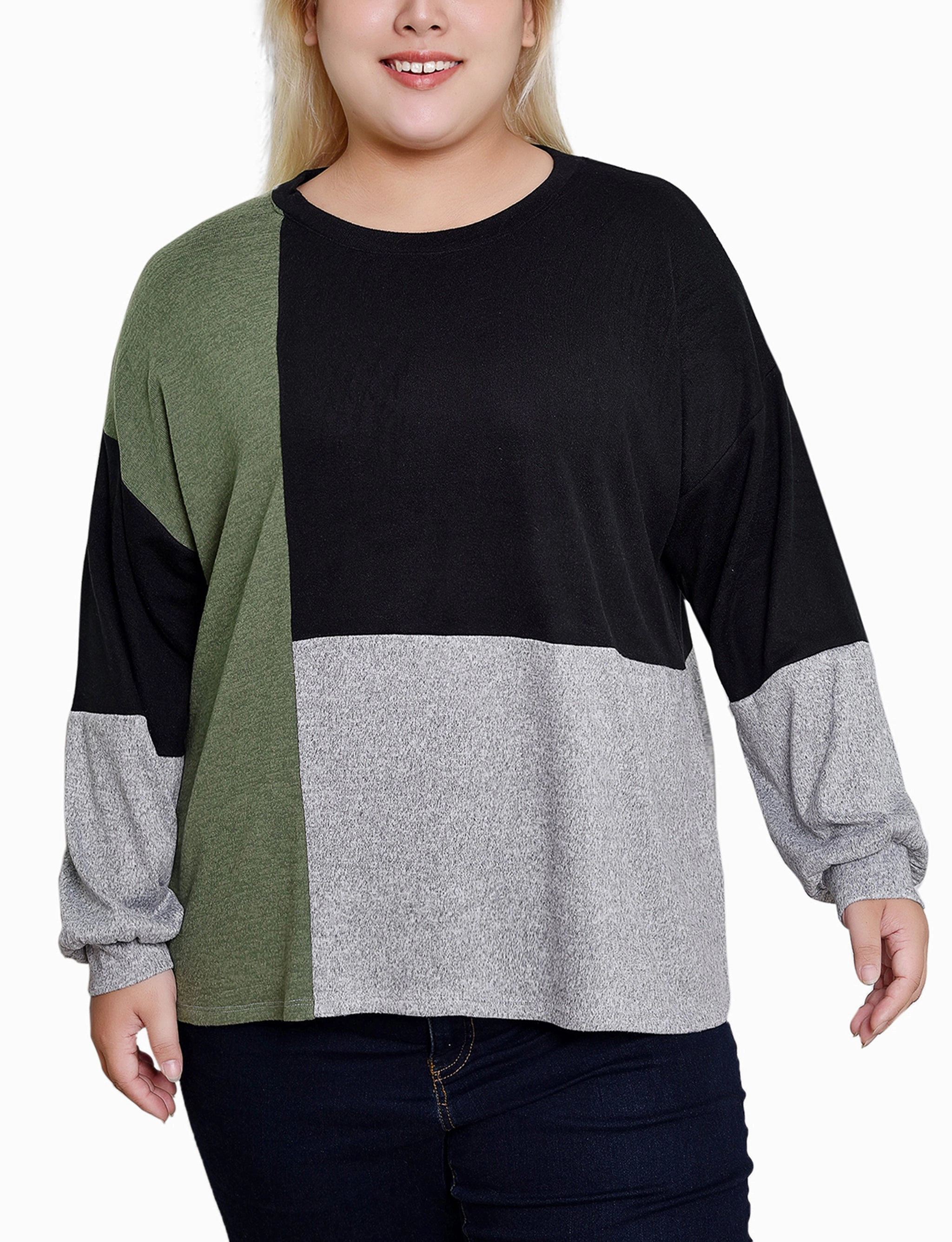Bold Patterns Plus Size Long Sleeve Colorblocked Top