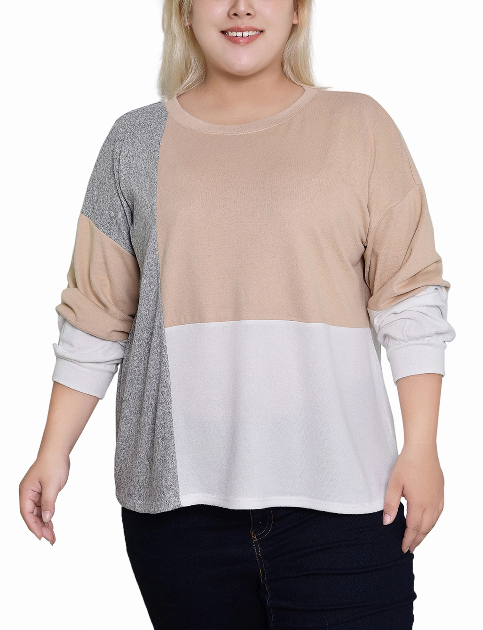 HighNeckCut Quick Release Fasteners Plus Size Long Sleeve Colorblocked Top