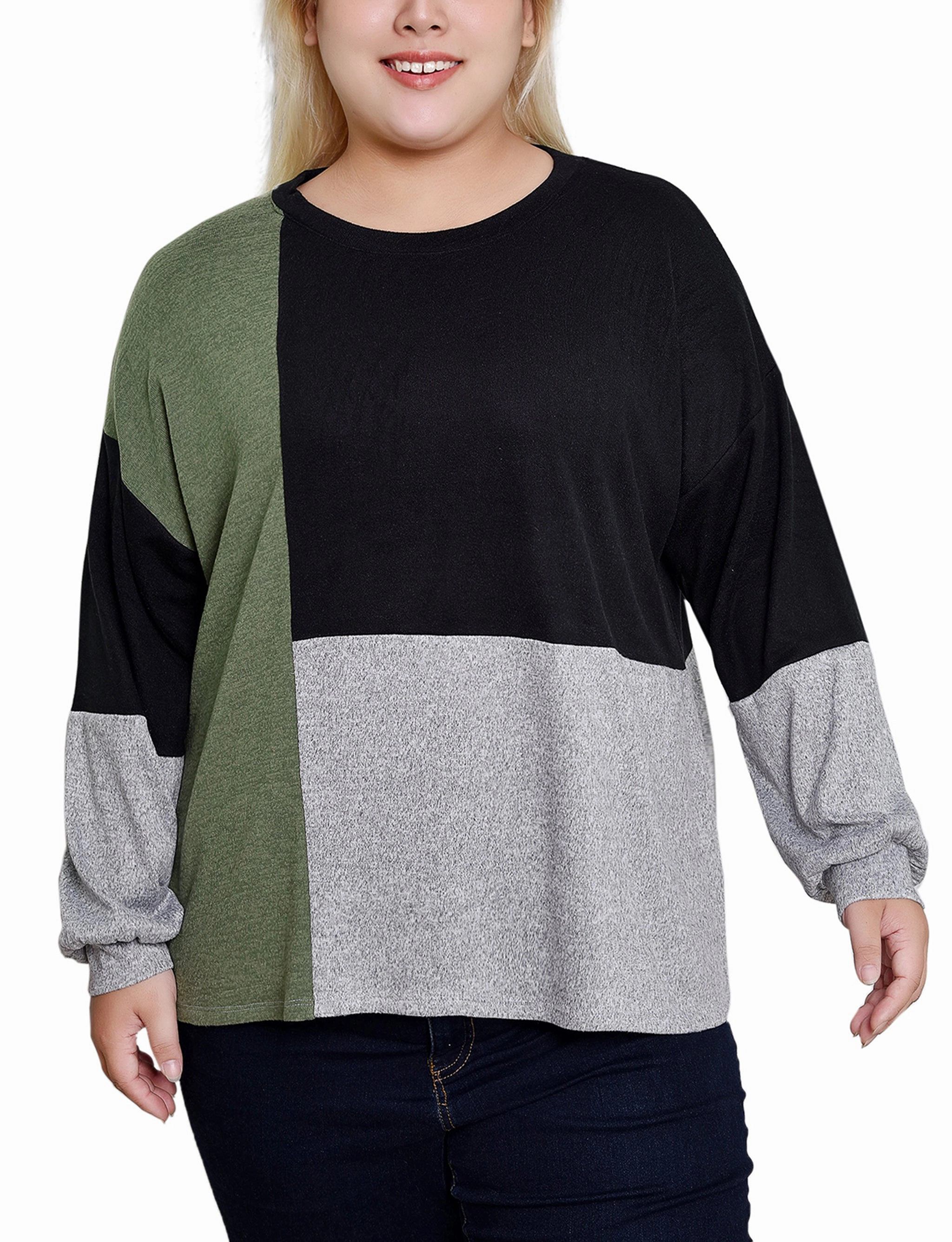 Brushed Interior ZeroWaste Construction Plus Size Long Sleeve Colorblocked Top