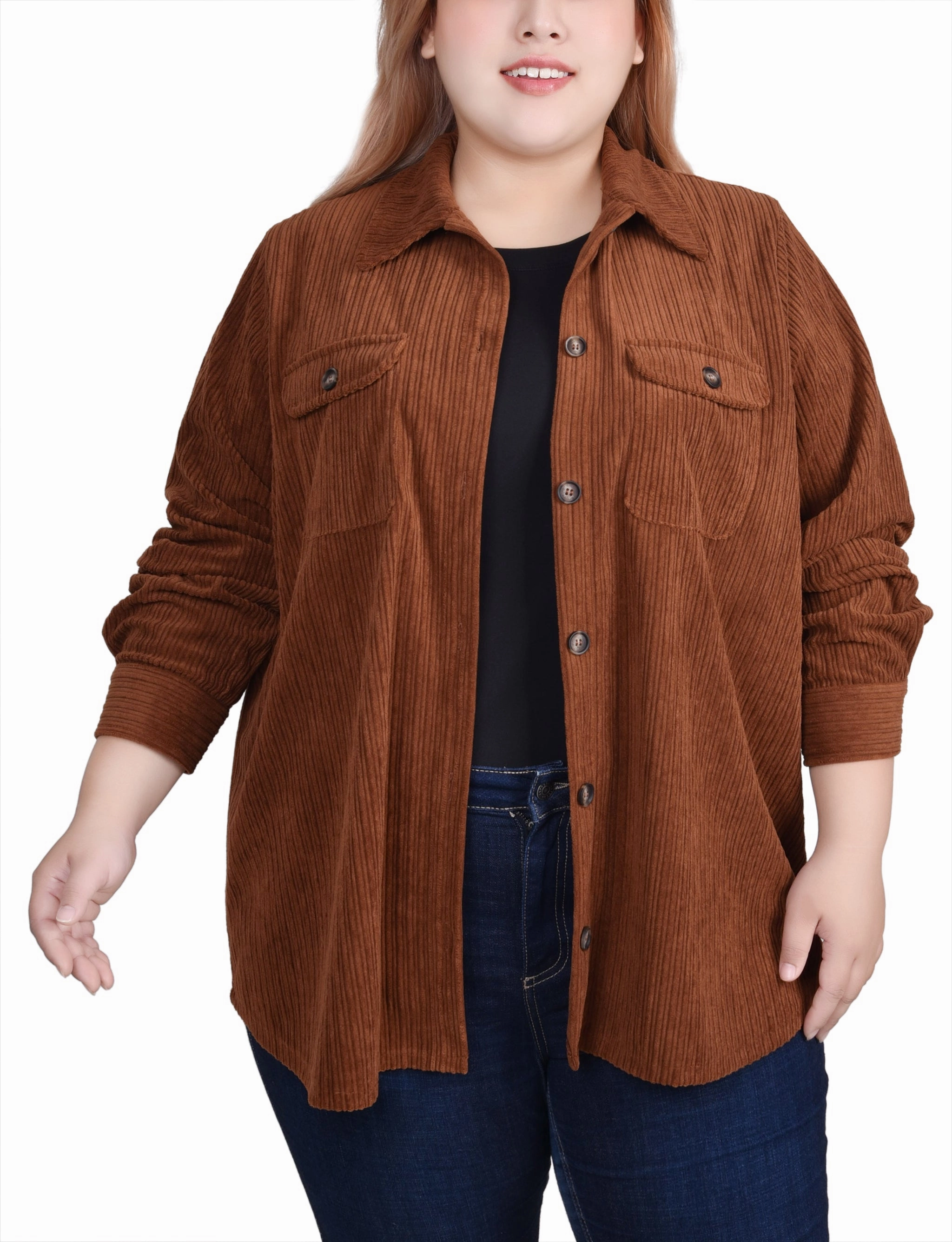 BuiltInLayer LaserCutVents Plus Size Long Sleeve Corduroy Shirt Jacket