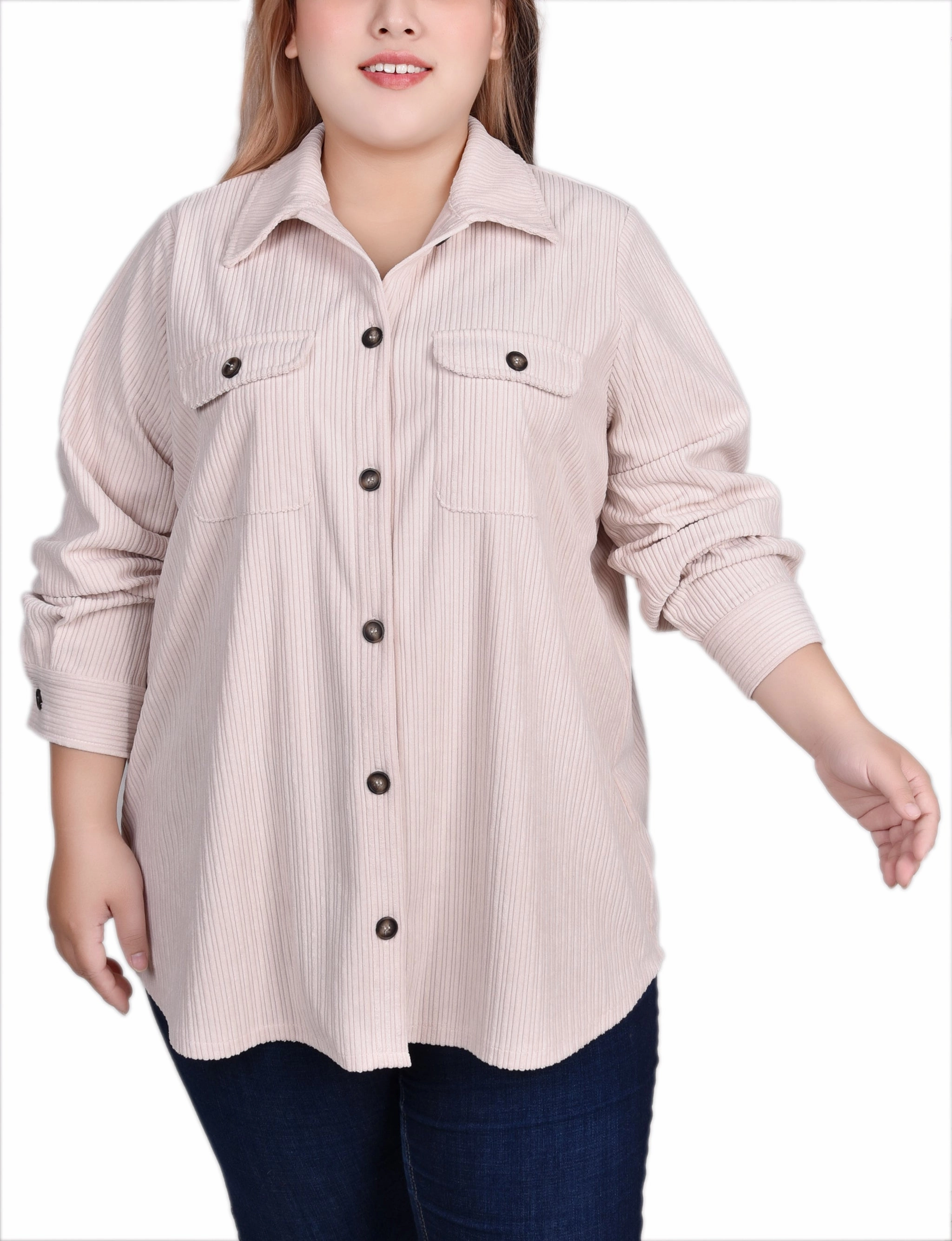 Plus Size Long Sleeve Corduroy Shirt Jacket Biodegradable Fiber Blend