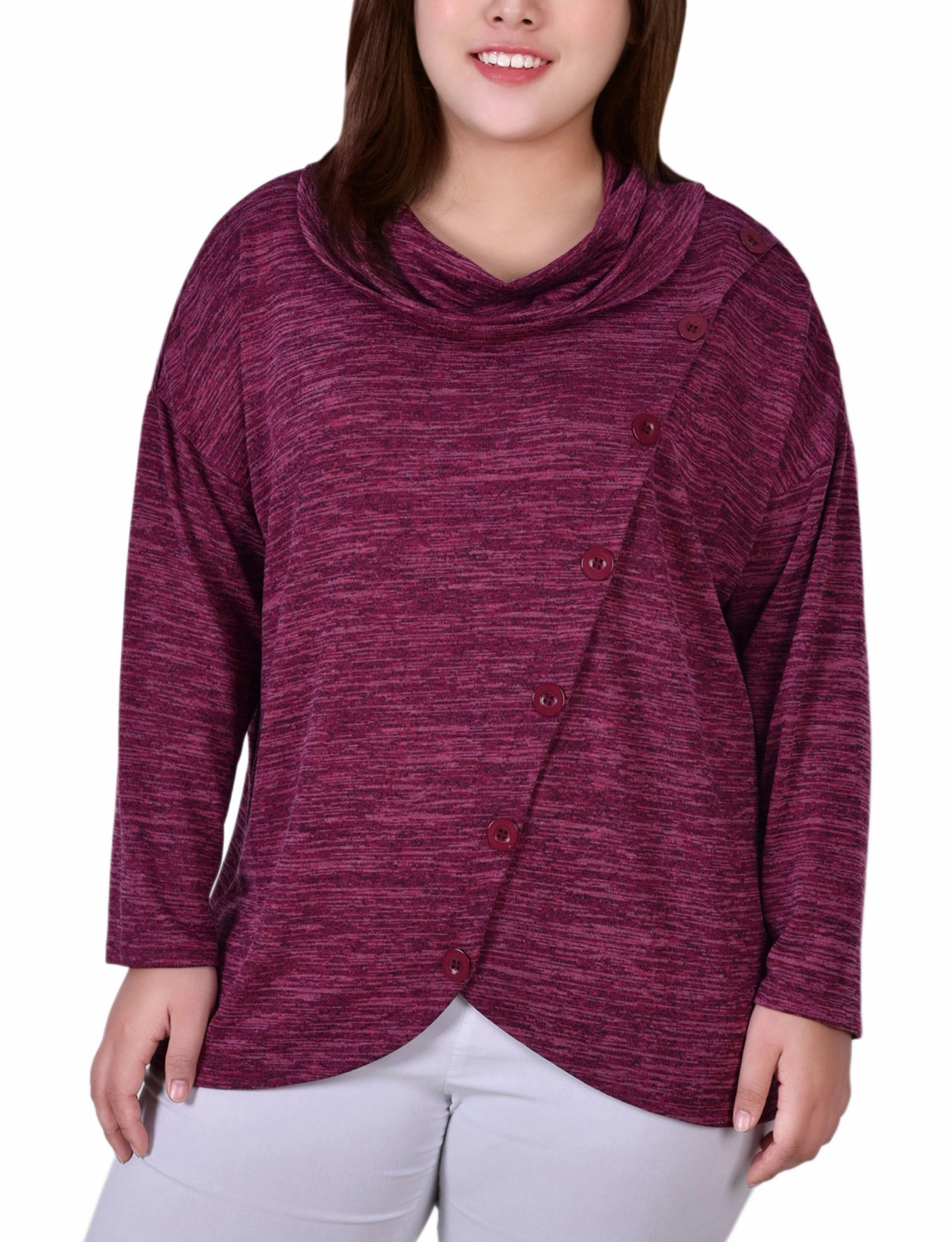 Plus Size Long Sleeve Cowl Neck Top With Button Detail elegant design