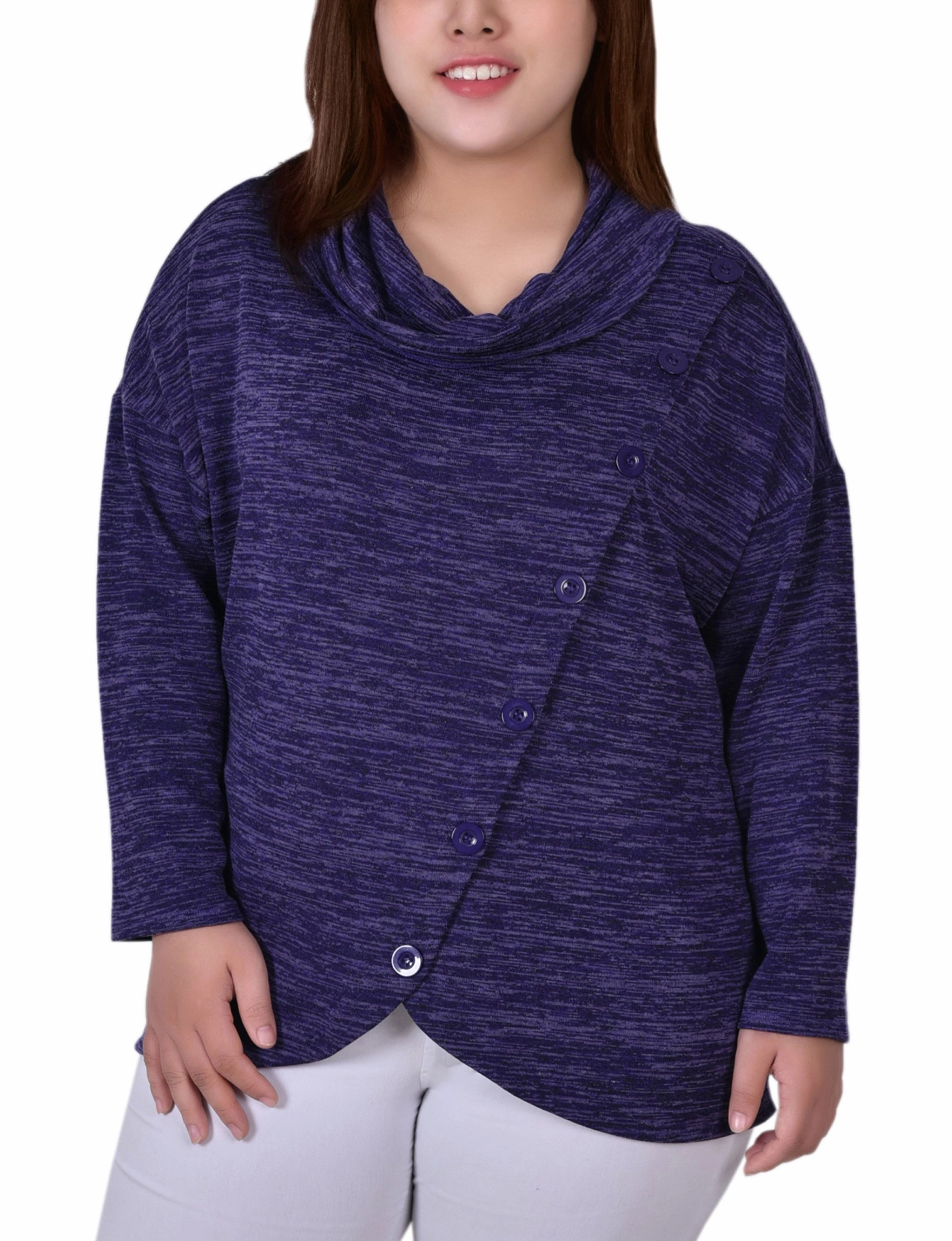 Plus Size Long Sleeve Cowl Neck Top With Button Detail MultiDirectionalStretch Recycled Material Blend