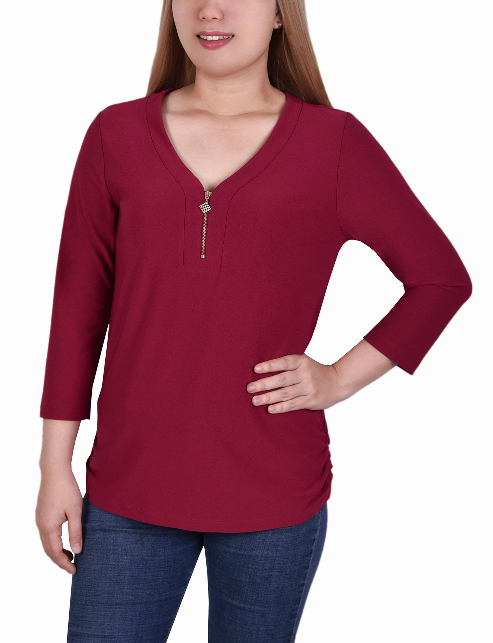 Plus Size Long Sleeve Crepe Knit V Neck Top With Zipper YarnDyed Stripes