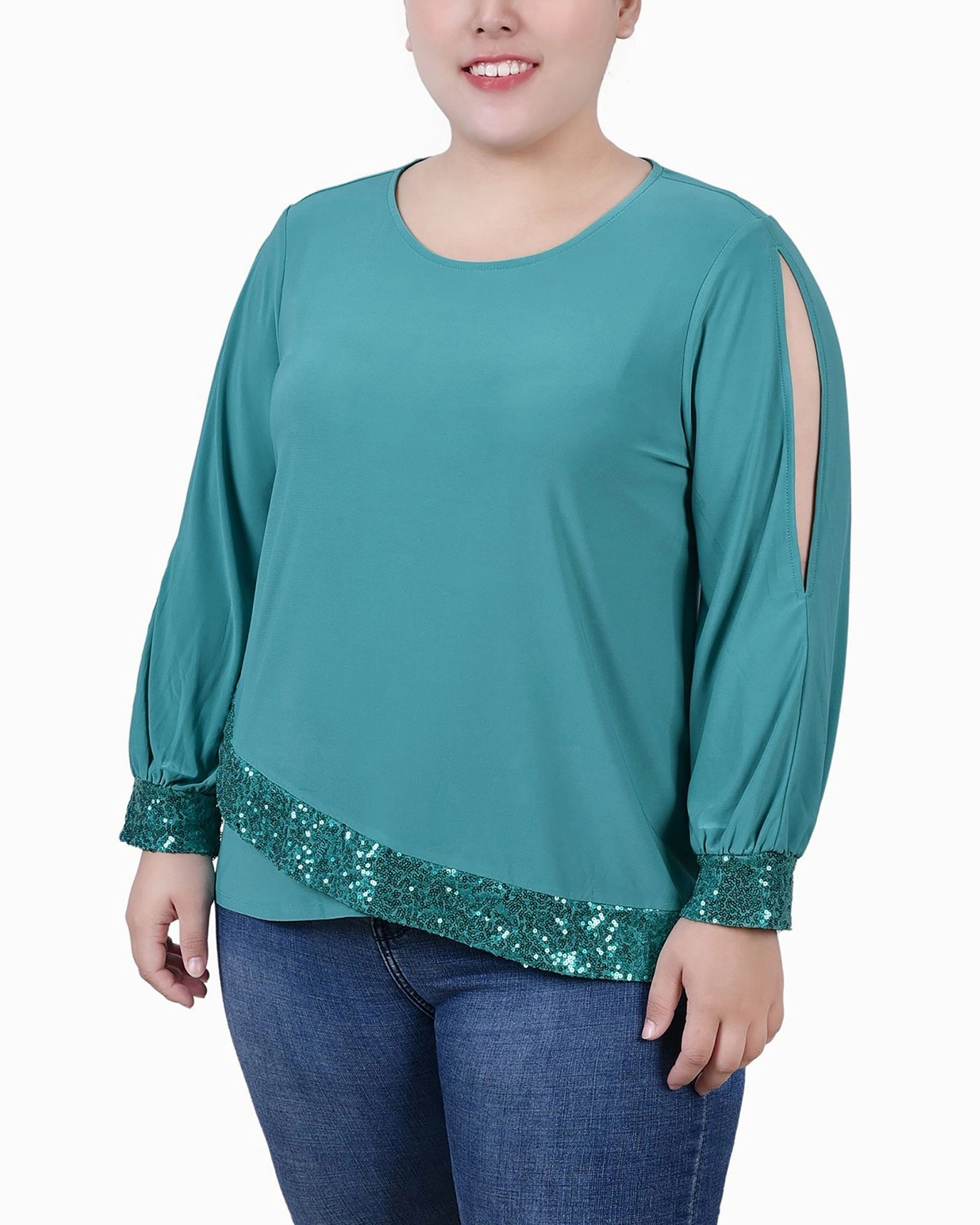Plus Size Long Sleeve Knit Top With Sequin Hem Ultra Soft Handfeel