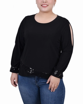MultiPocketDesign Plus Size Long Sleeve Knit Top With Sequin Hem