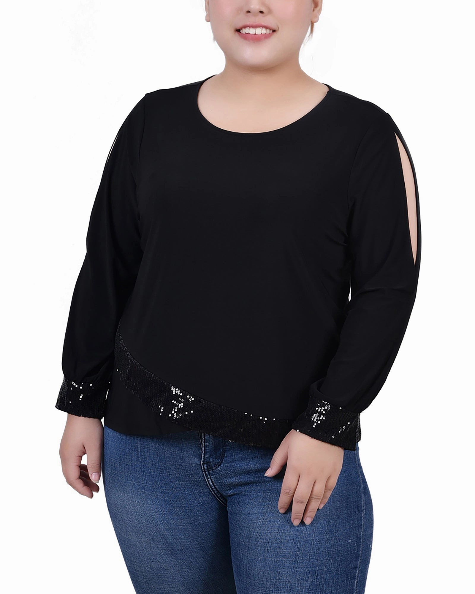 Plus Size Long Sleeve Knit Top With Sequin Hem AbrasionResistant Surface Ribbed Knit Fabric