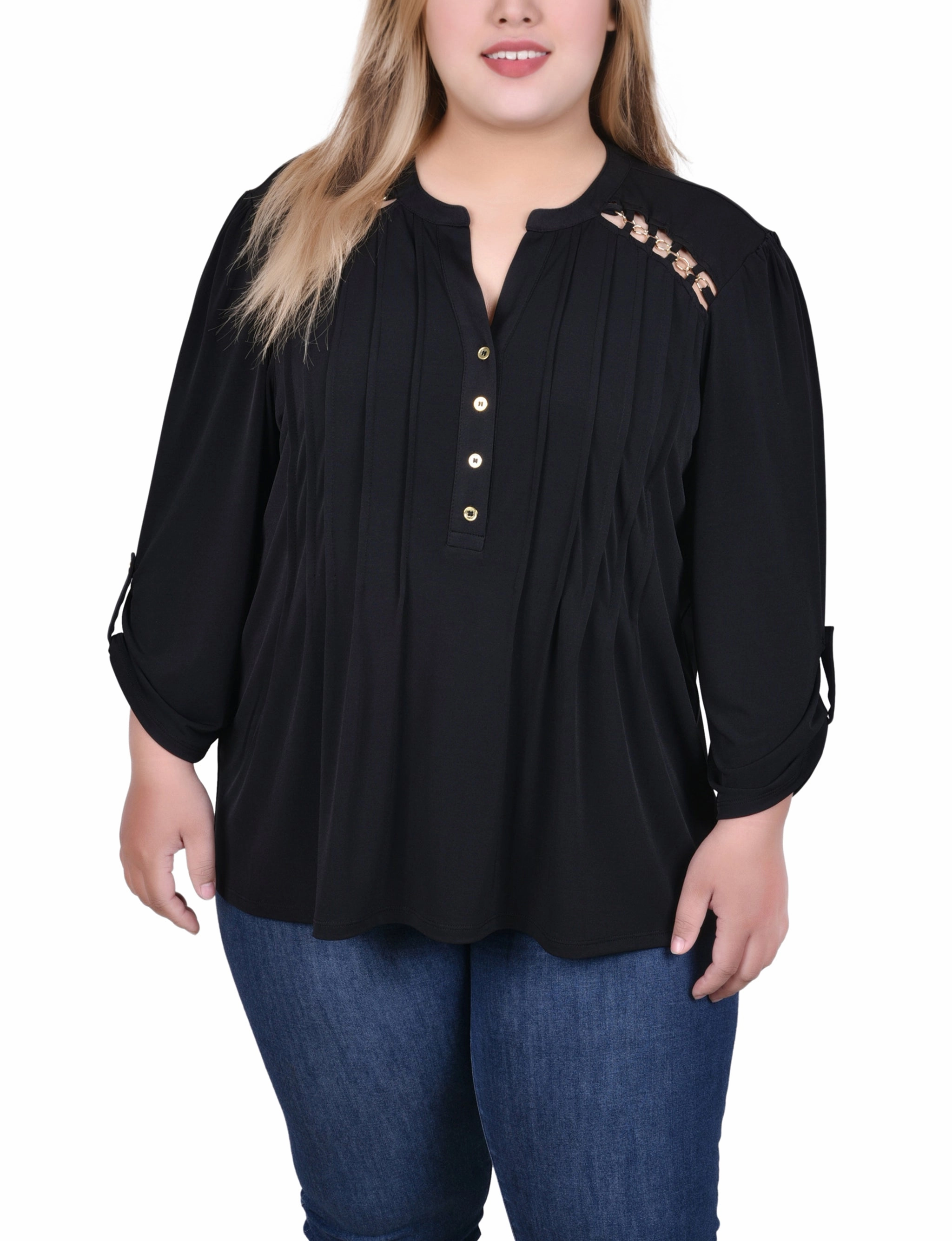 Plus Size Long Sleeve Pintuck Front Top With Chain Details LongLastingDurability Eco Friendly Blend