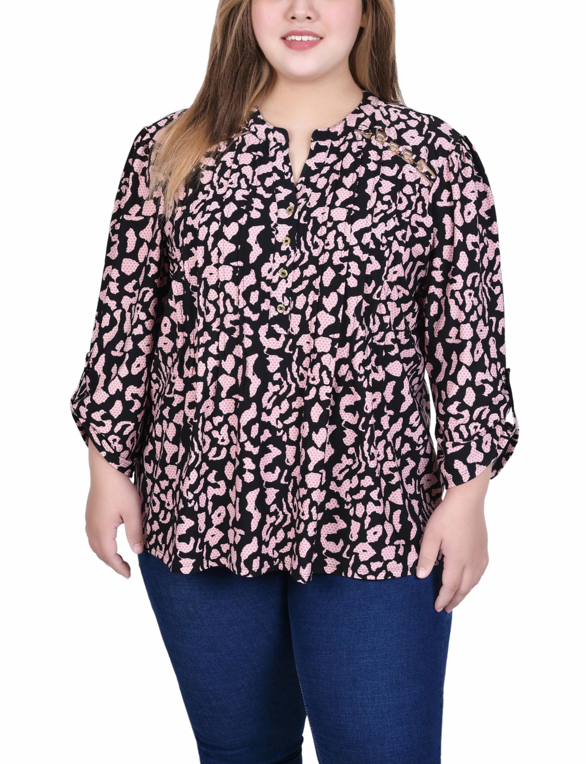 Plus Size Long Sleeve Pintuck Front Top With Chain Details Silicone Print Detail