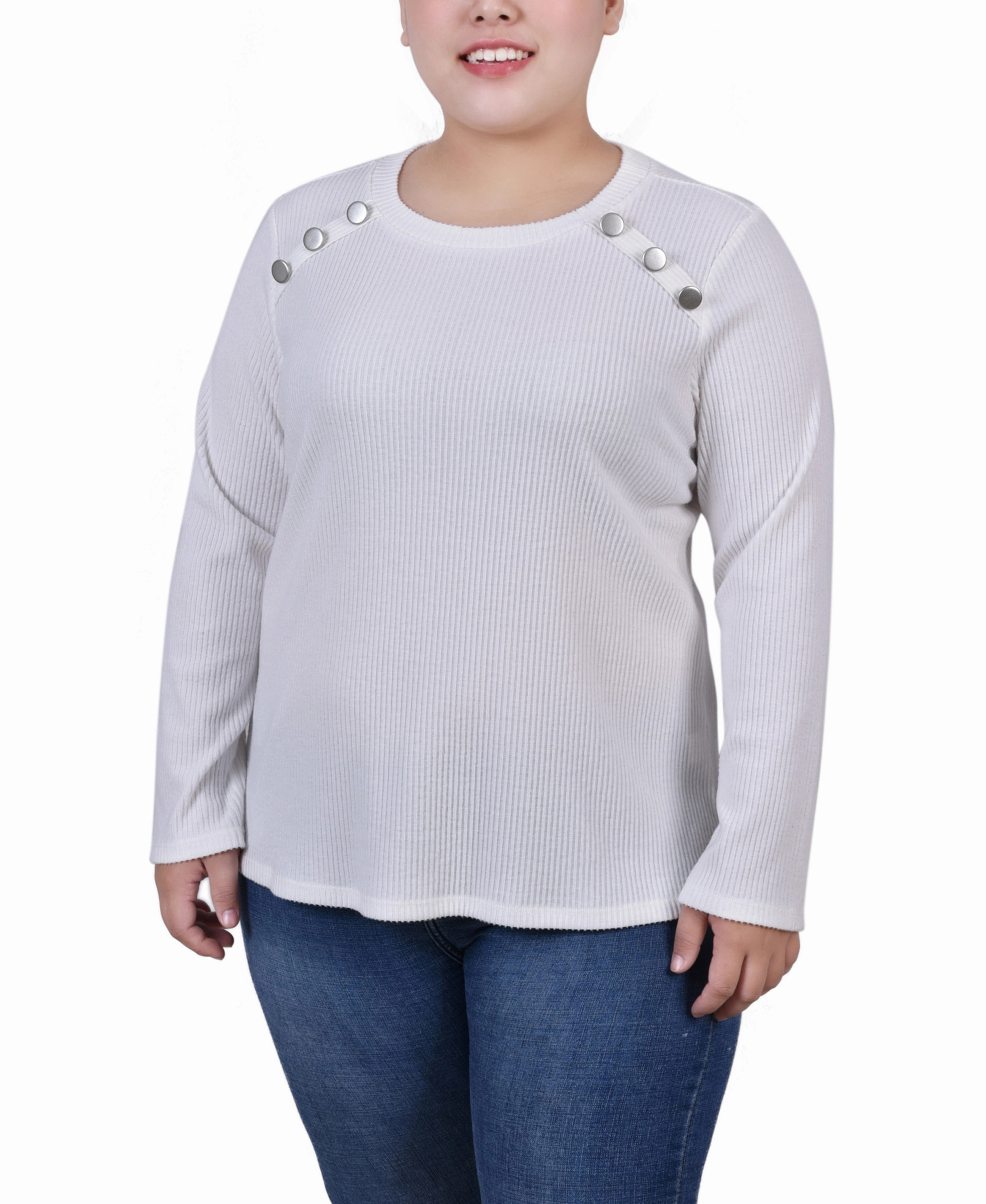 High Thread Count Cotton Snag Proof Weave Plus Size Long Sleeve Ribbed Button Detail Top