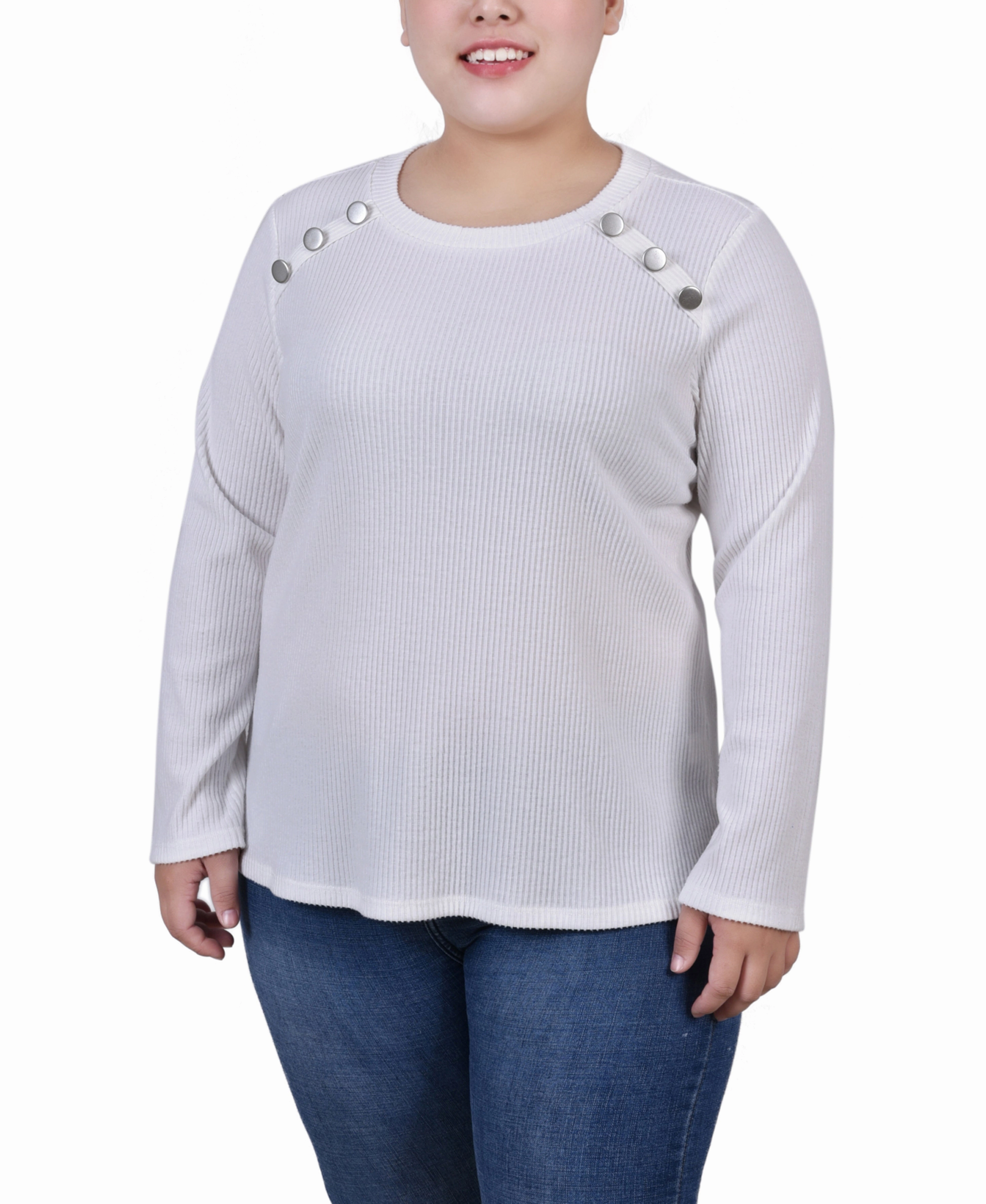 Comfortable Wear Plus Size Long Sleeve Ribbed Button Detail Top