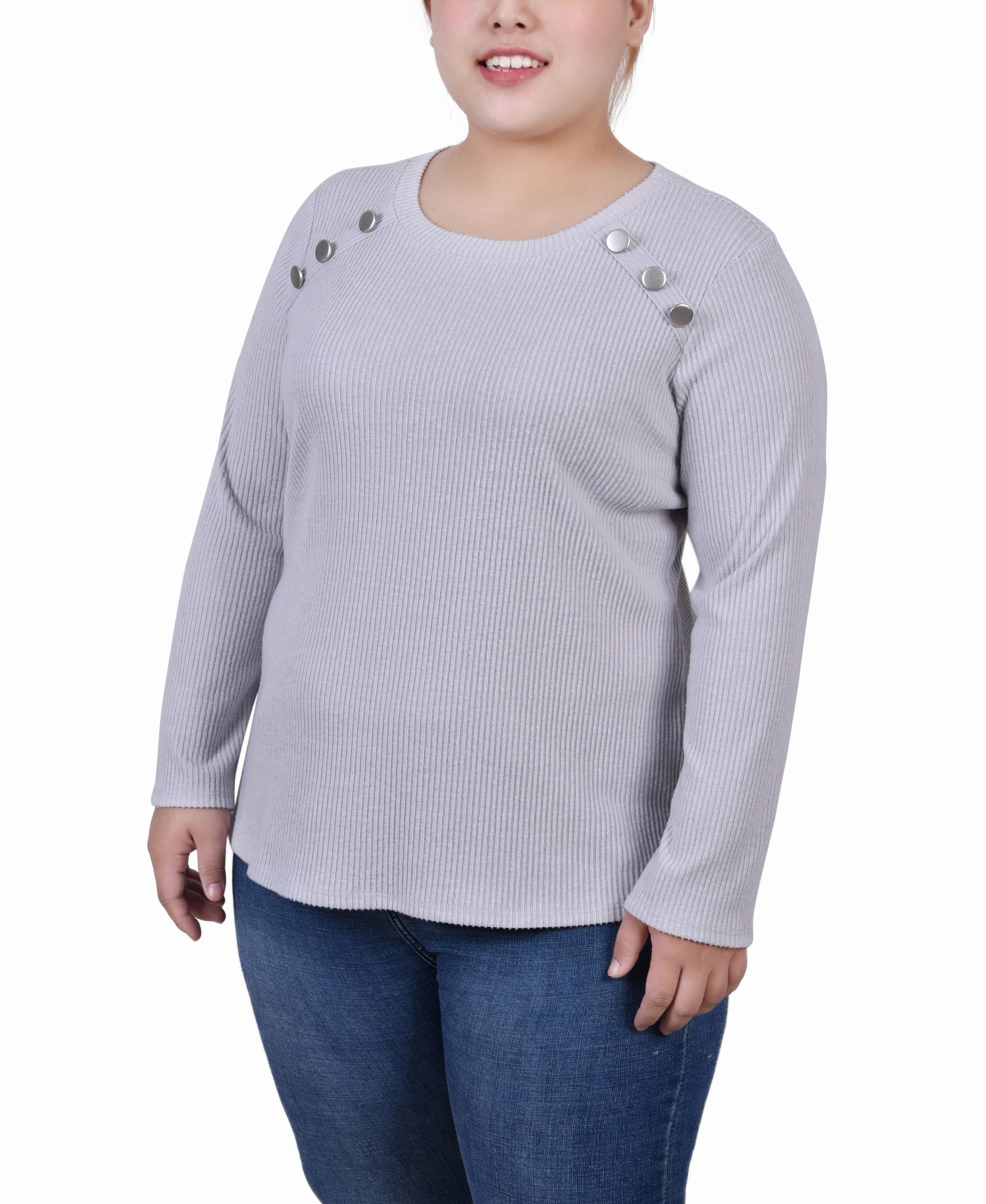 Midweight Four Way Stretch Plus Size Long Sleeve Ribbed Button Detail Top