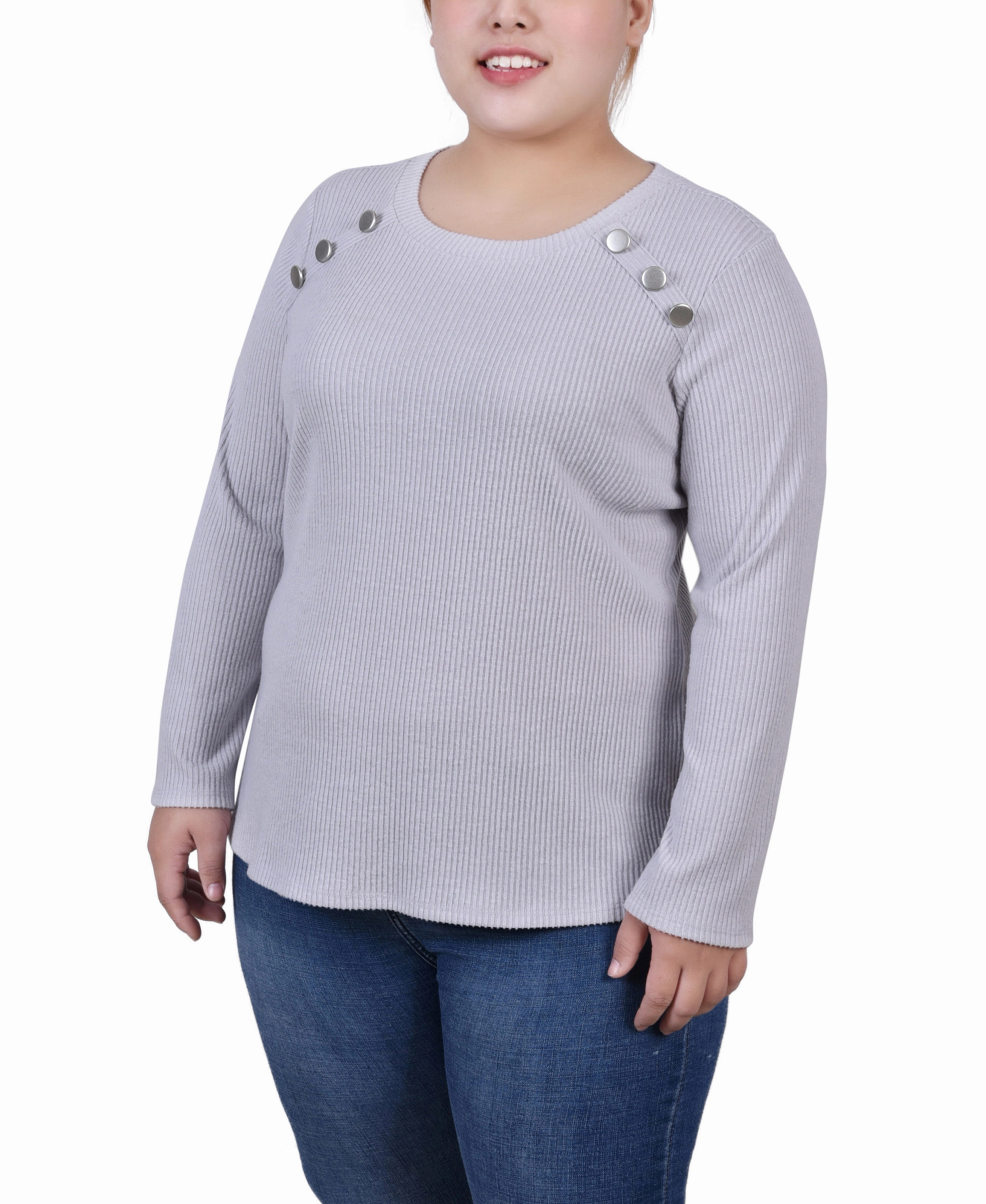 Active Blouse AbrasionResistant Fabric Plus Size Long Sleeve Ribbed Button Detail Top
