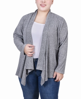 Plus Size Long Sleeve Ribbed Cardigan OdorResistantFinish NoRoll Hem Technology