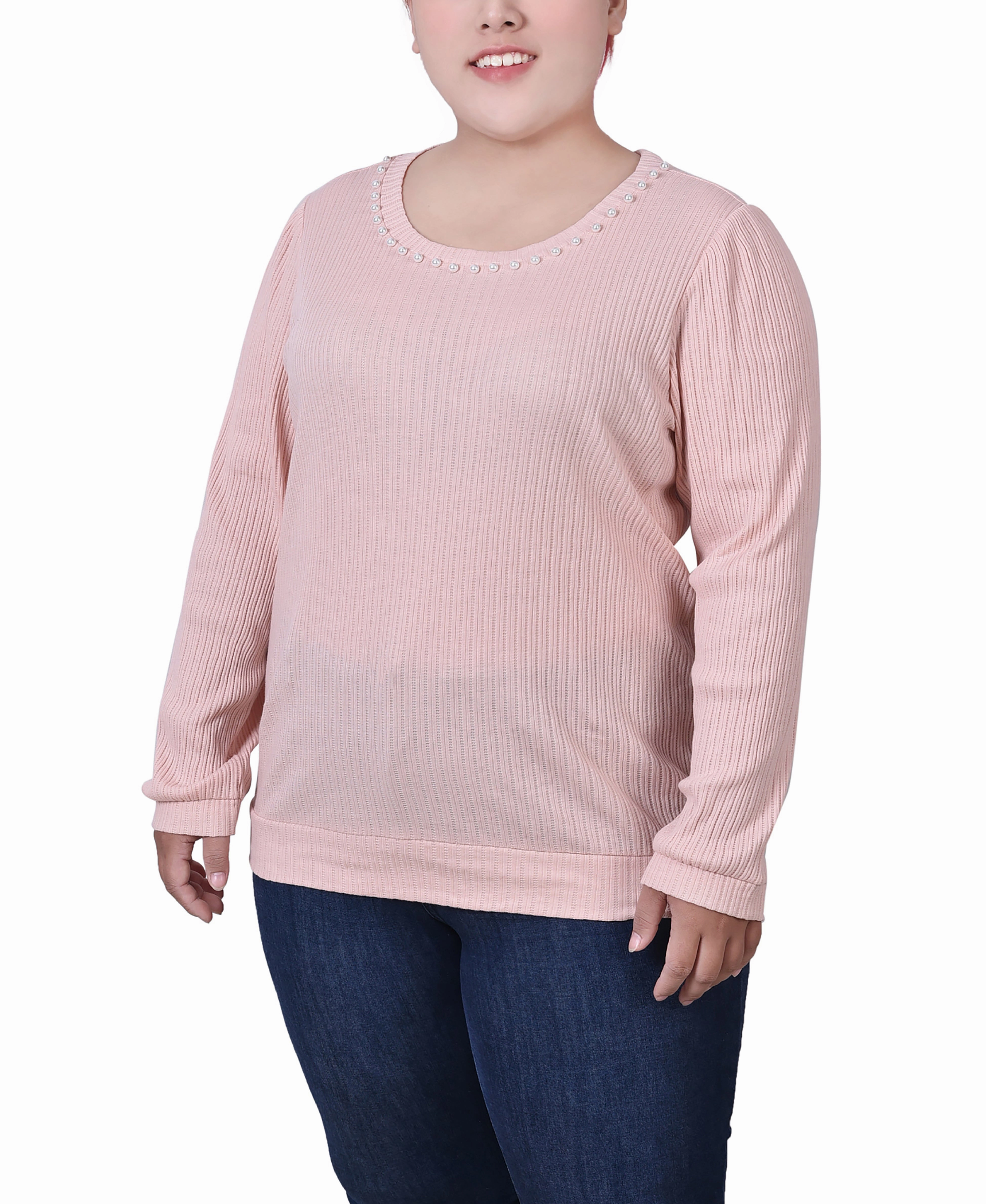 Plus Size Long Sleeve Ribbed Pearl Trimmed Top Flexible Knit Blend