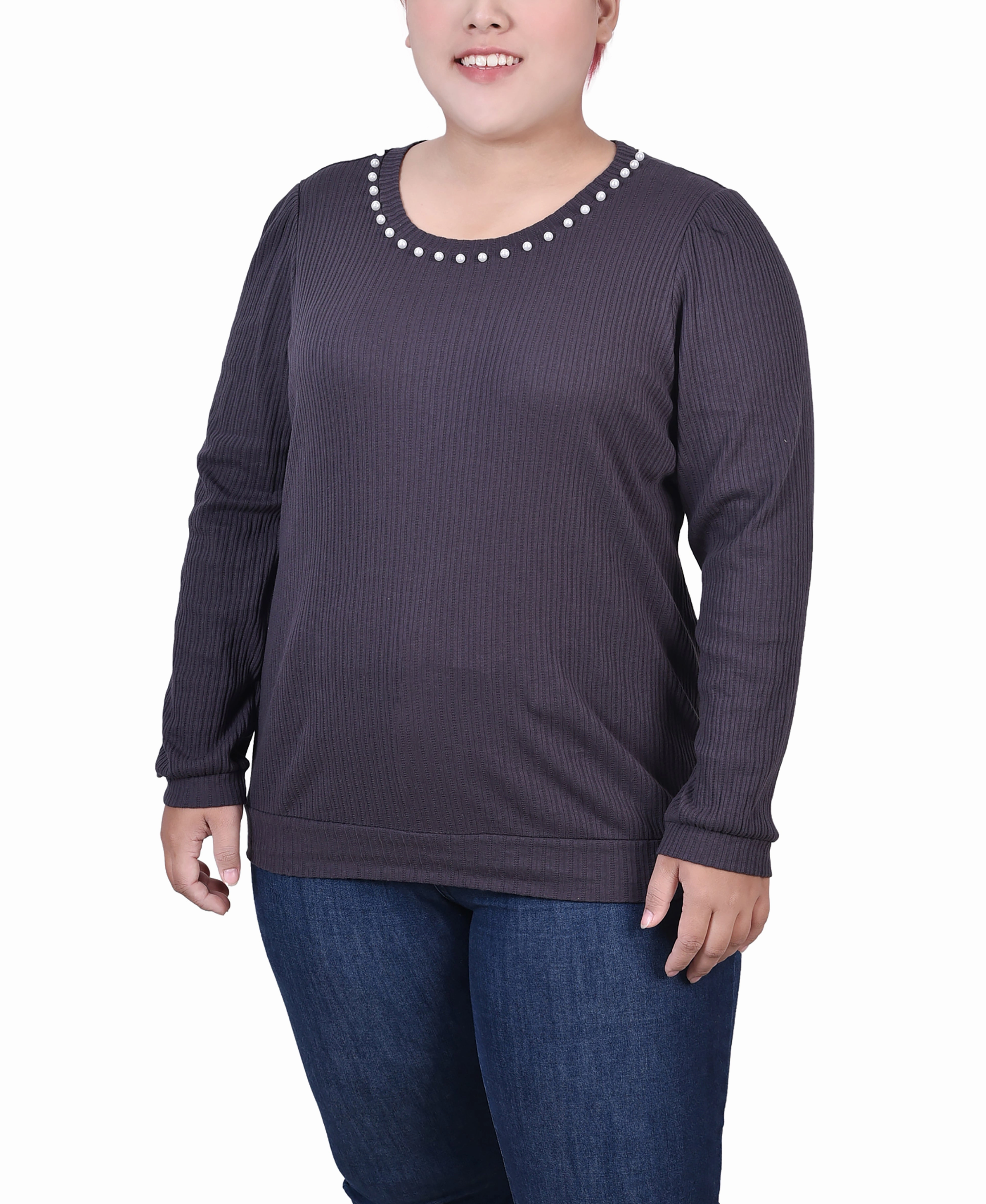 Plus Size Long Sleeve Ribbed Pearl Trimmed Top Adjustable Hem