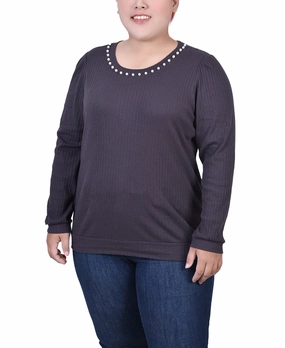 Plus Size Long Sleeve Ribbed Pearl Trimmed Top MoistureWicking Material