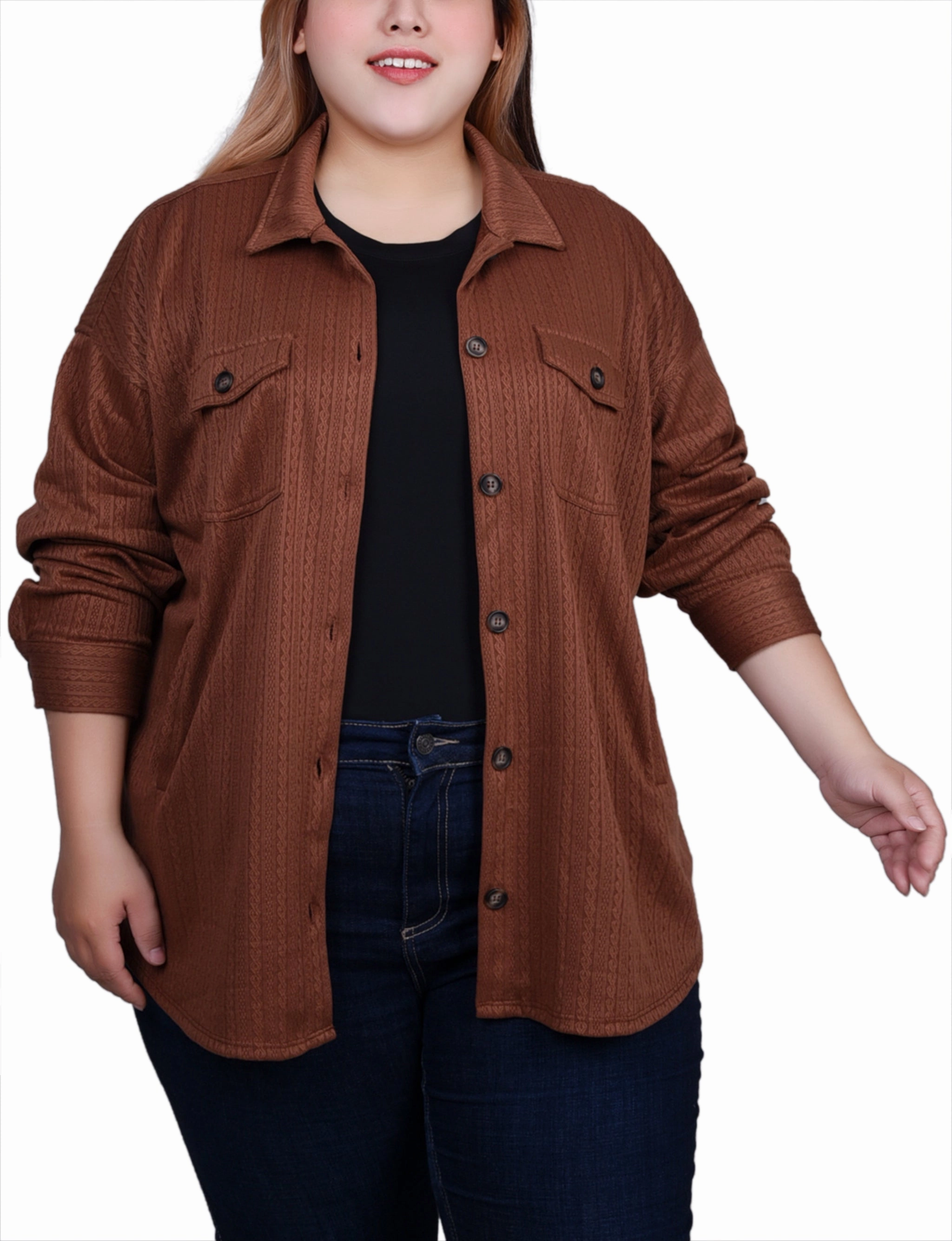 Plus Size Long Sleeve Textured Knit Shirtjacket Drop Shoulder Design