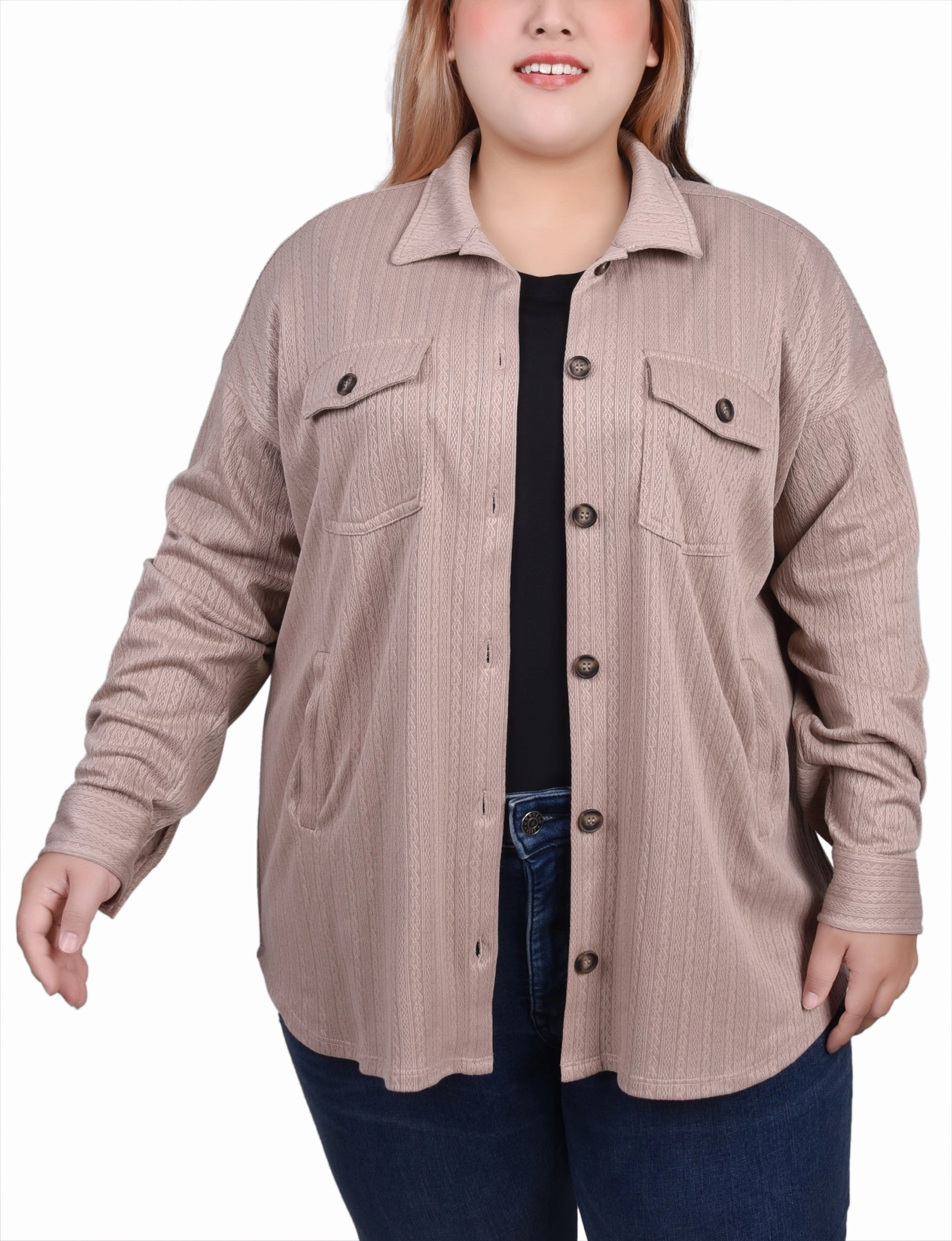Hybrid Fabric Blend MoistureControl Plus Size Long Sleeve Textured Knit Shirtjacket