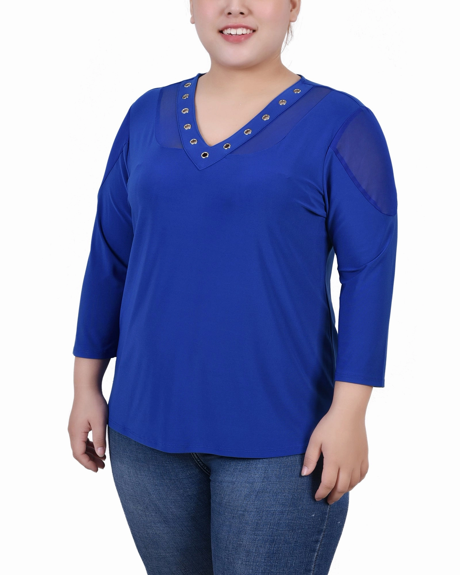 Plus Size Long Sleeve Top With Mesh Insets AntiPilling Technology