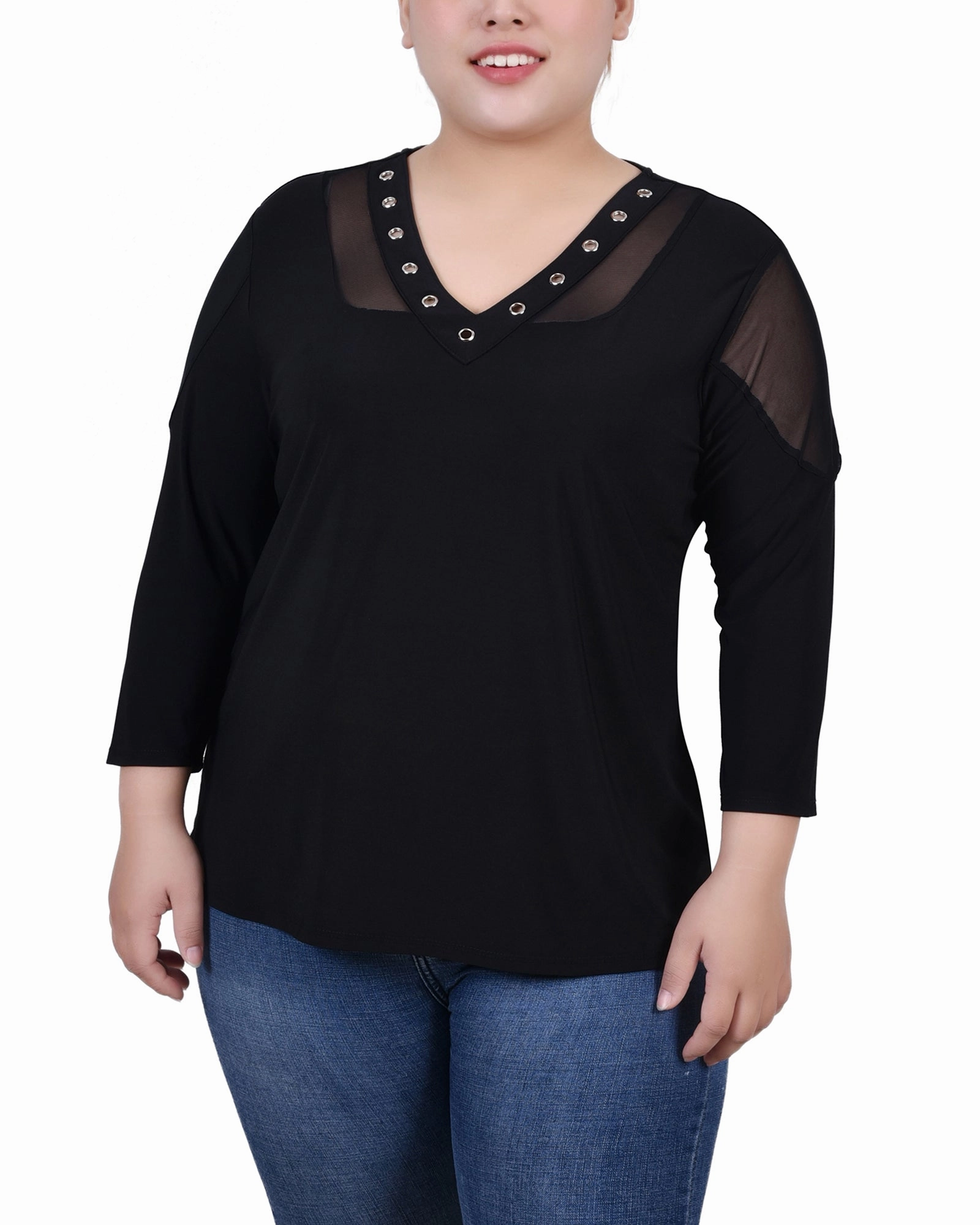 Tagless Comfort Plus Size Long Sleeve Top With Mesh Insets